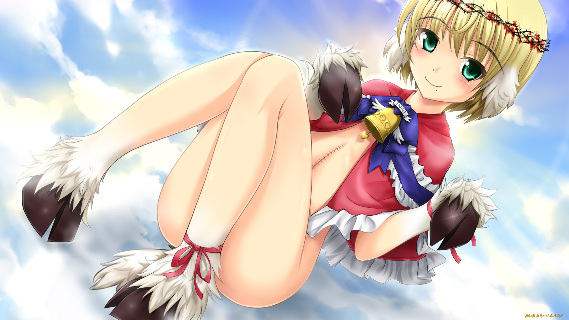 аниме, -animals, &, creatures, колокольчик, девушка, облака, небо, ушки, копыта