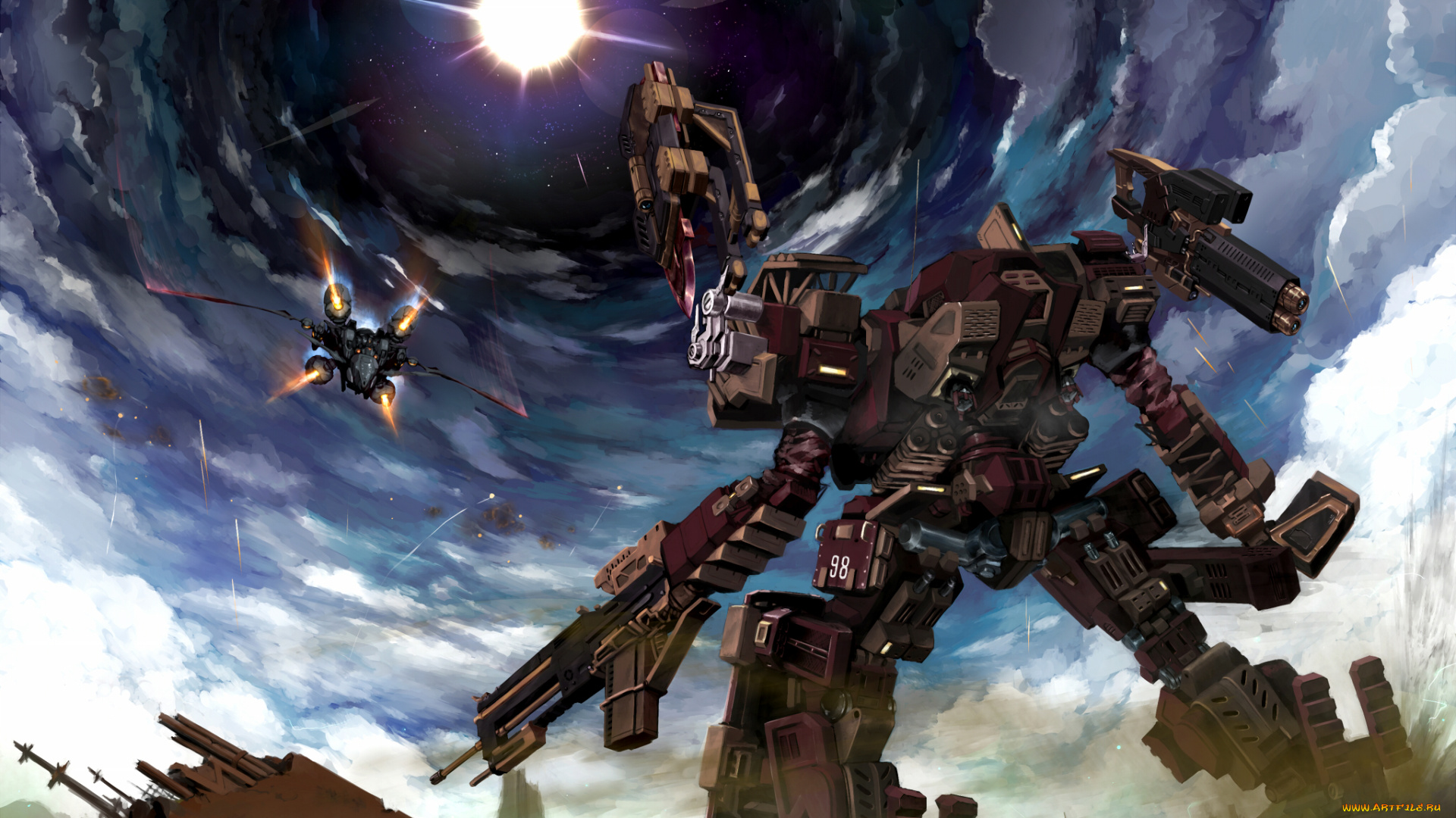 аниме, -weapon, , blood, &, technology, облака, небо, робот, armored, core, verdict, day, арт