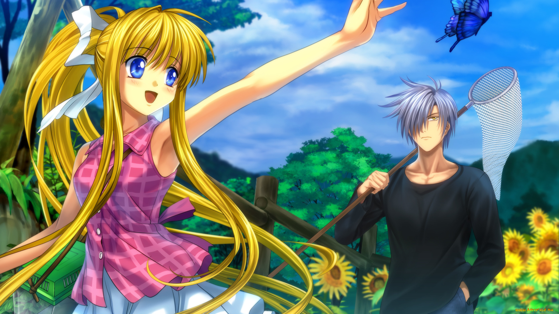 аниме, air, арт, moonknives, kamio, misuzu, kunisaki, yukito, девушка, парень, радость, сачок, бабочка, подсолнухи, природа