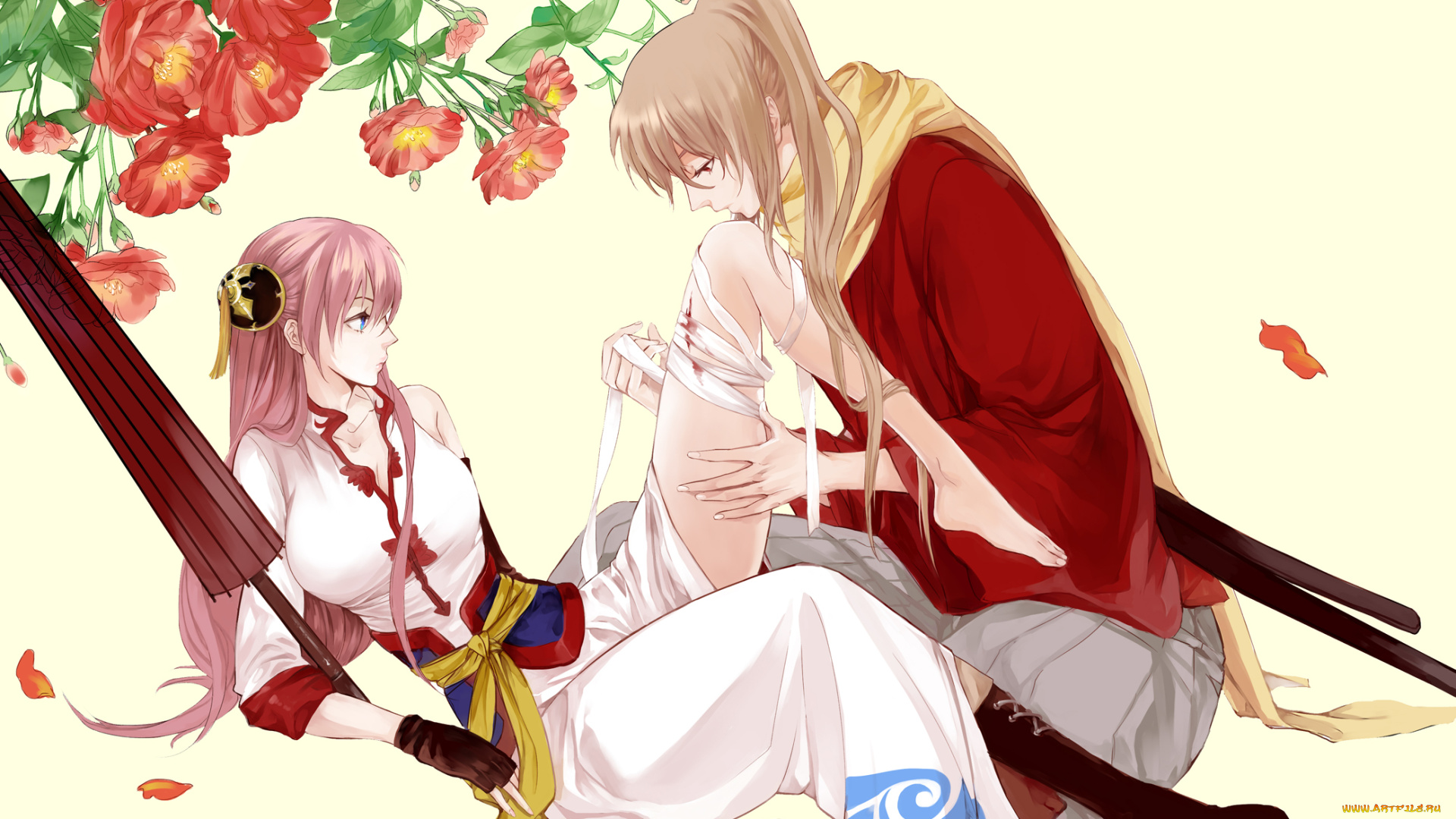аниме, gintama, гинтама, рана, бинты, зонт, арт, лепестки, парень, девушка, цветы, романтика