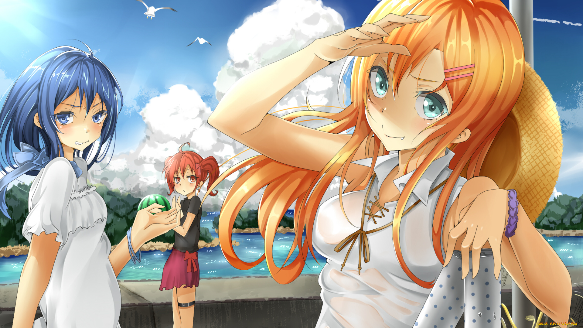 аниме, oreimo, чайки, море, лето, небо, набережная, kurusu, kanako, девушки, aragaki, ayase, kousaka, kirino