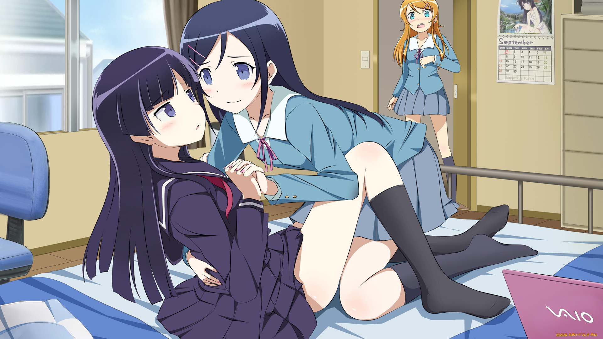аниме, oreimo, gokou, ruri, kousaka, kirino, aragaki, ayase, ноутбук, кровать, комната, девушки