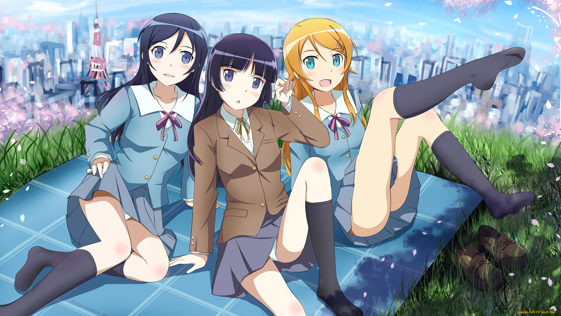 аниме, oreimo, kousaka, kirino, gokou, ruri, aragaki, ayase, девушки, брюнетки, блондинка, обувь, скатерть, трава, цветы, город