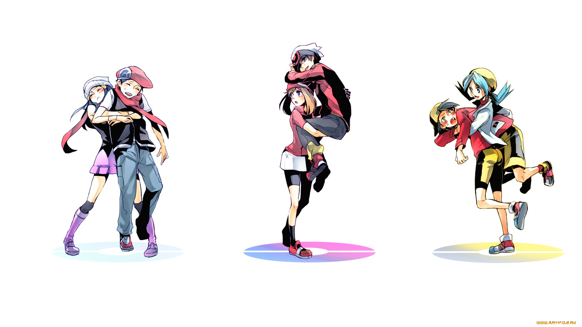 аниме, pokemon, арт, парни, покемон, девушки, белый, фон