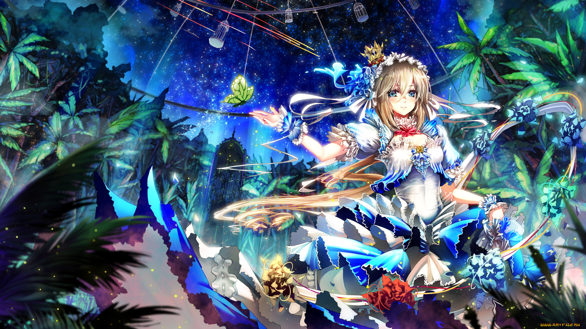 аниме, *unknown, , другое, арт, девушка, бабочка, клетки, пальмы, цветы, звёзды, небо, ночь