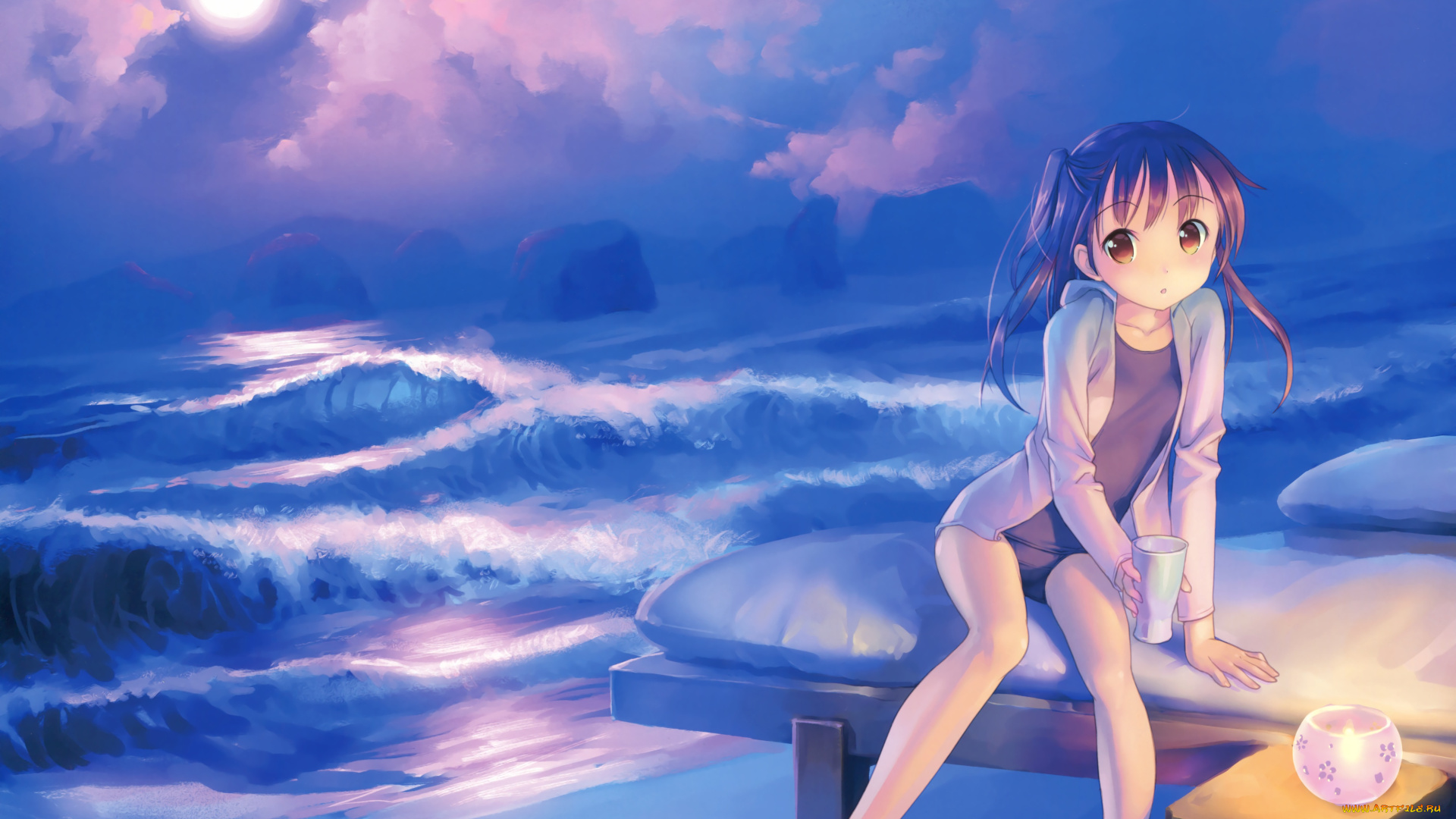 аниме, *unknown, , другое, девушка, закат, луна, арт, море, пляж, берег, свечка, стакан, облака