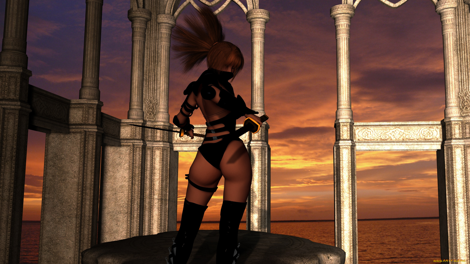 daz, kairi, 3д, графика, эльфы, , elves, взгляд, эльфийка, рассвет, колоны