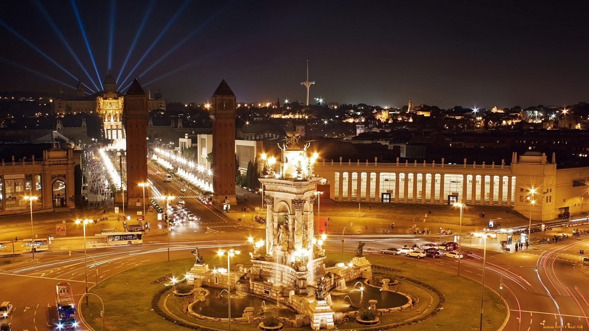 города, барселона, , испания, барселона, дома, площадь, ночь, огни, фонтан