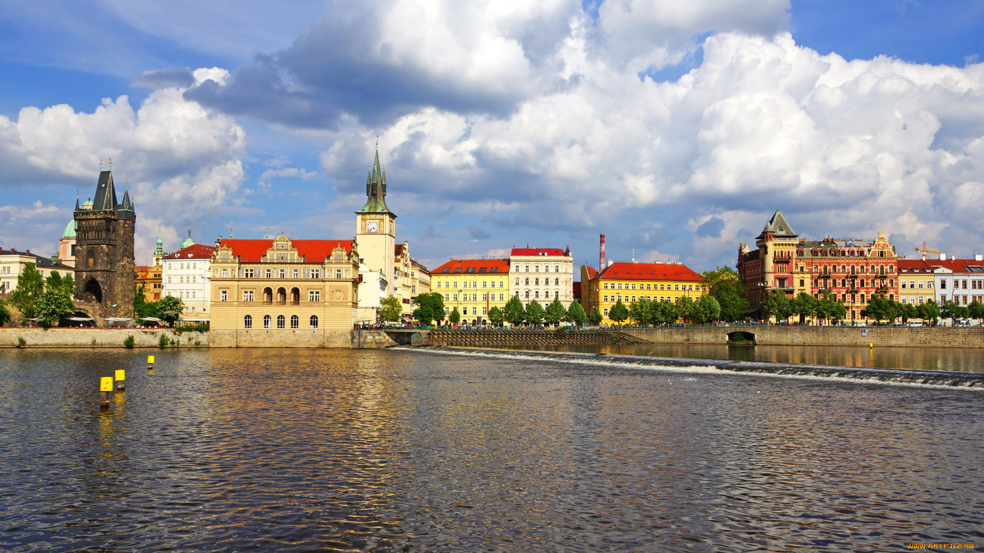 города, прага, , Чехия, прага, дома, река, набережная