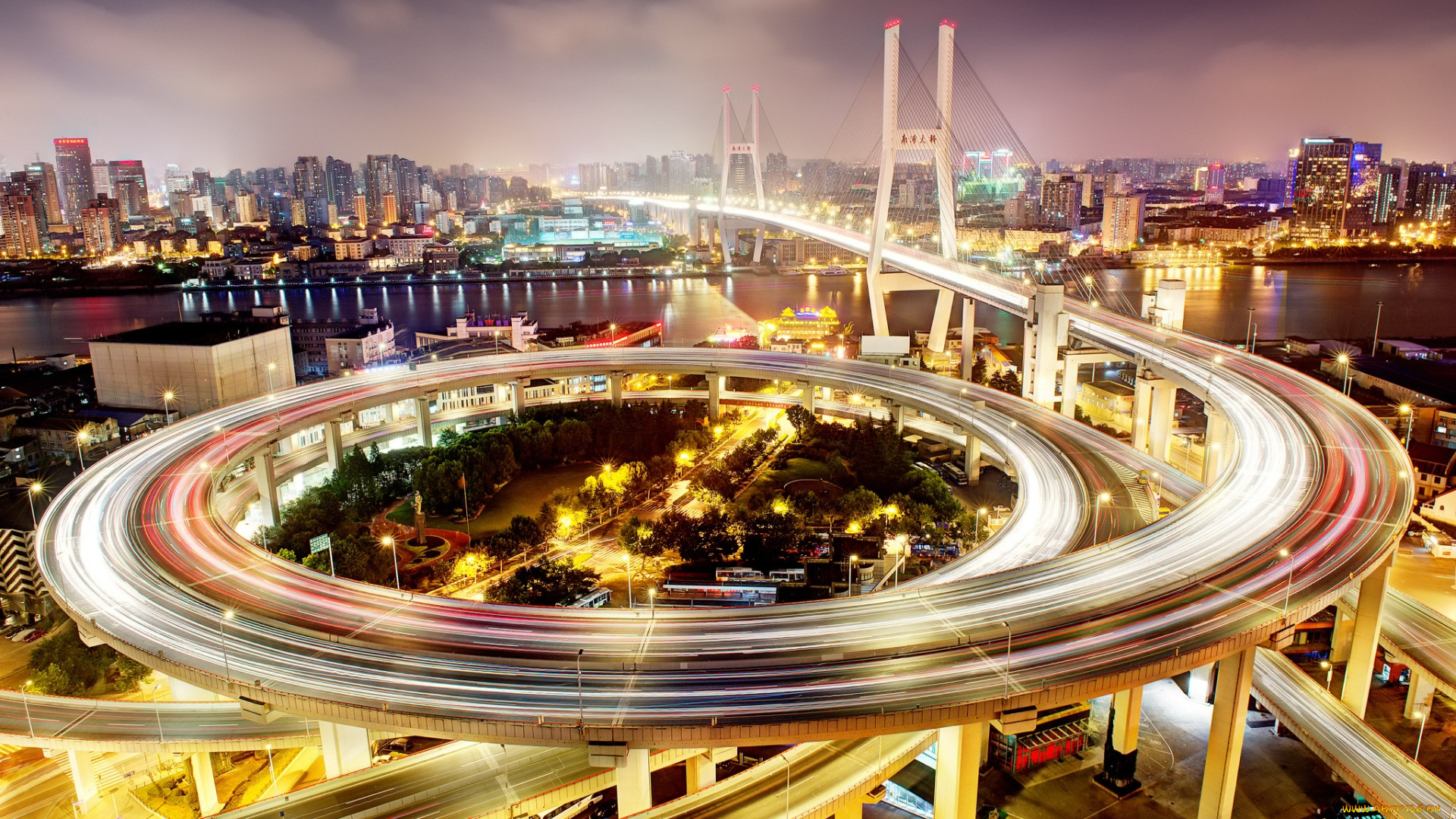 города, шанхай, , китай, выдержка, город, шанхай, мост, nanpu, bridge, ночь, огни