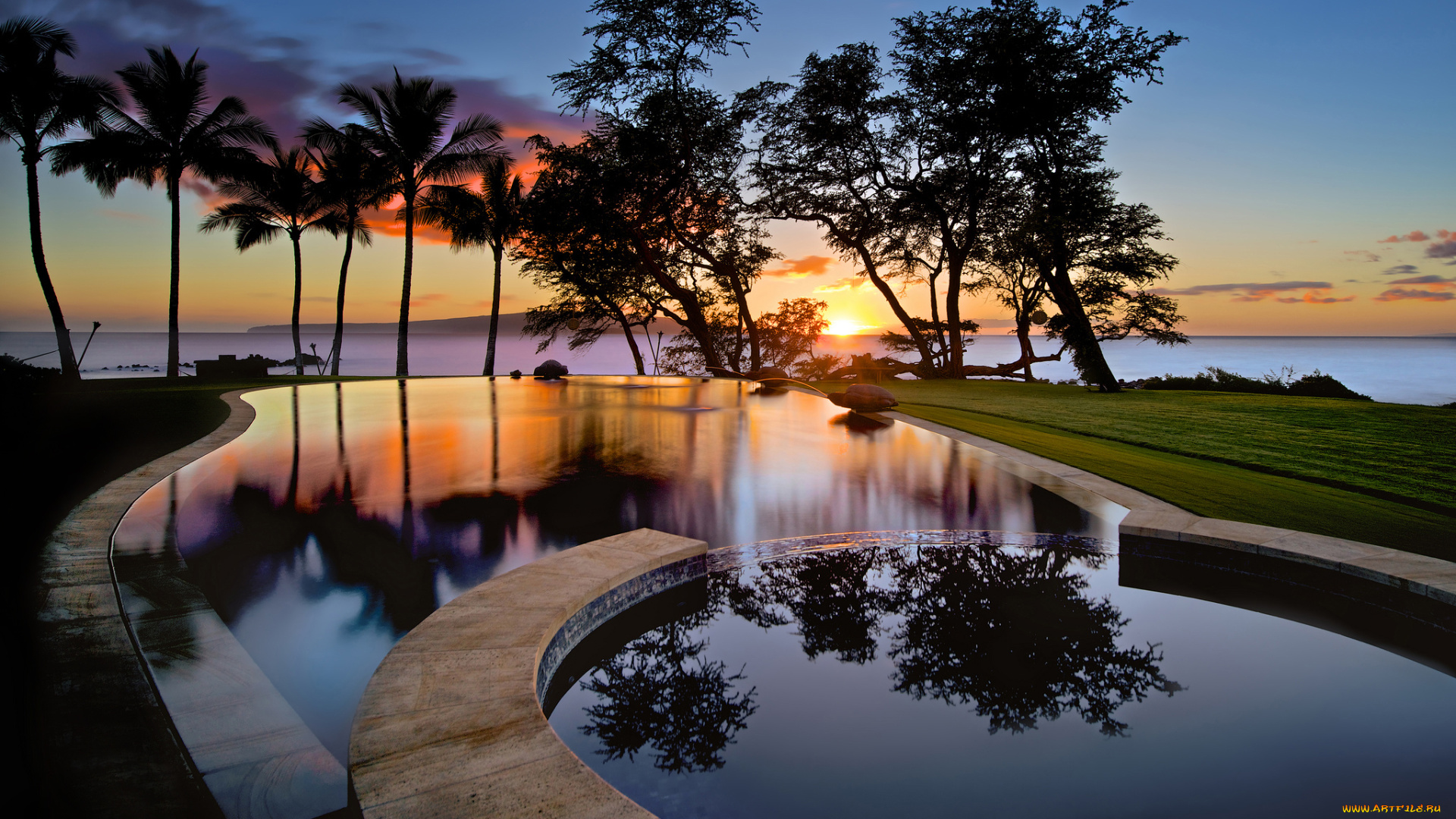 интерьер, бассейны, , открытые, площадки, силуэты, пальмы, деревья, отражения, облака, штат, гавайи, сша, остров, небо, вода, бассейн, закат, wailea, мауи