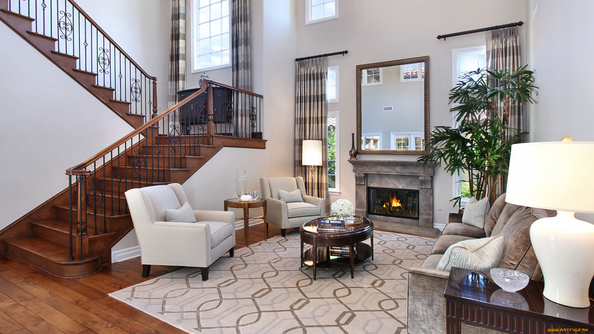 интерьер, гостиная, fireplace, living, room, цветы, стиль, мебель, камин, furniture, colors, style