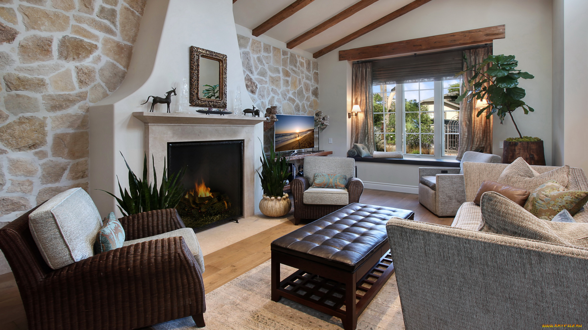 интерьер, гостиная, камин, диван, кресло, стол