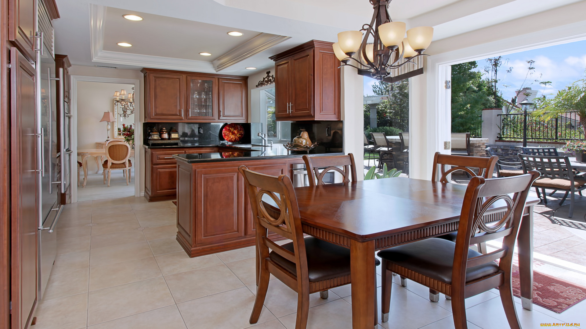 интерьер, кухня, цветы, люстры, стиль