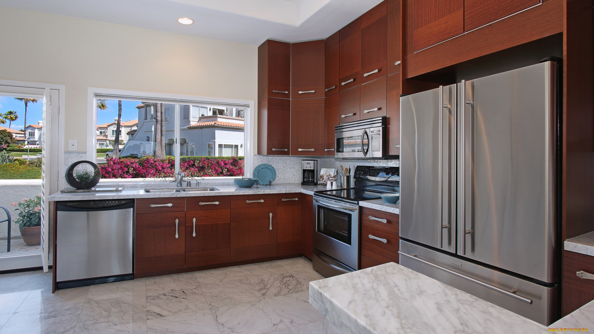 интерьер, кухня, стиль, цветы, люстры