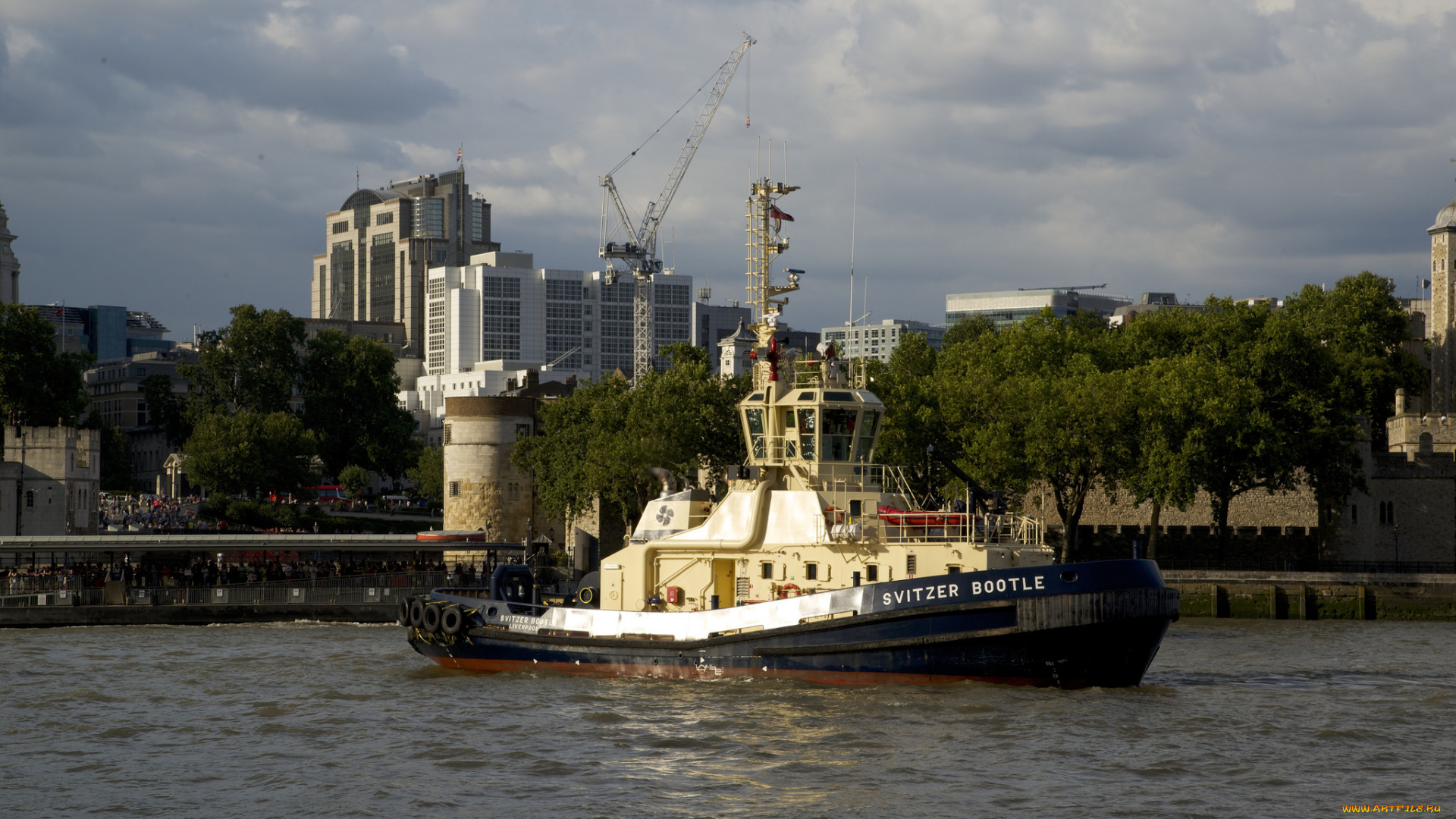 корабли, баркасы, , , буксиры, город, берег, река, буксир