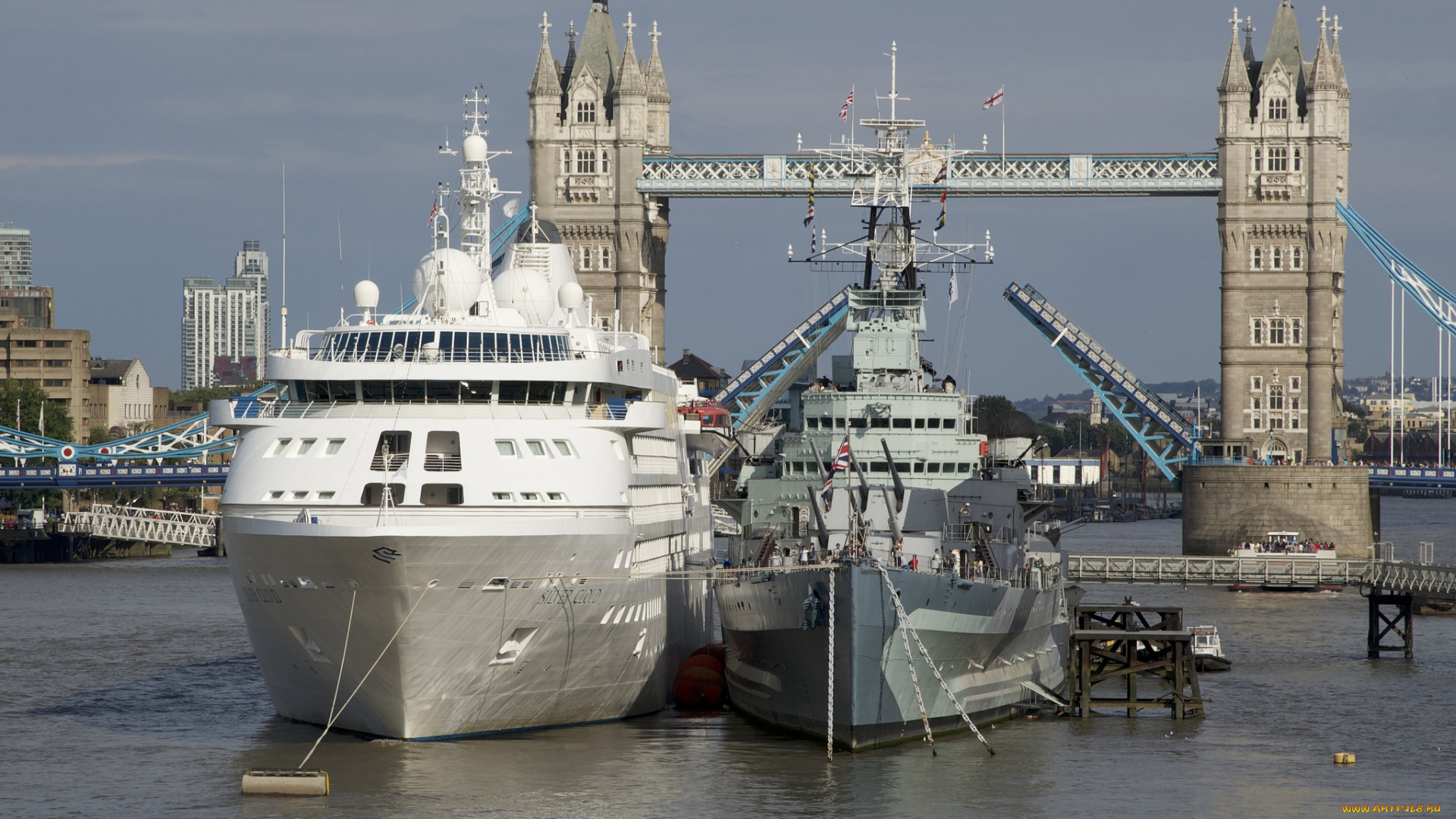 корабли, разные, вместе, мост, причал, военный, корабль, лайнер