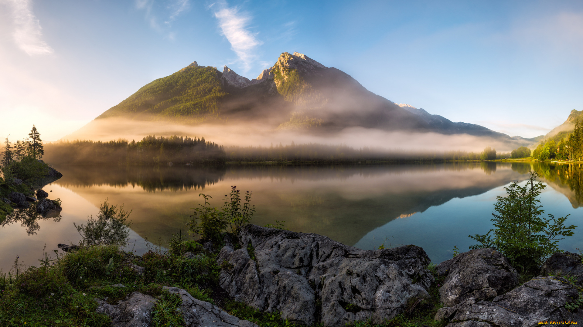 природа, реки, озера, берхтесгаденские, альпы, бавария, германия, озеро, горы, утро, туман