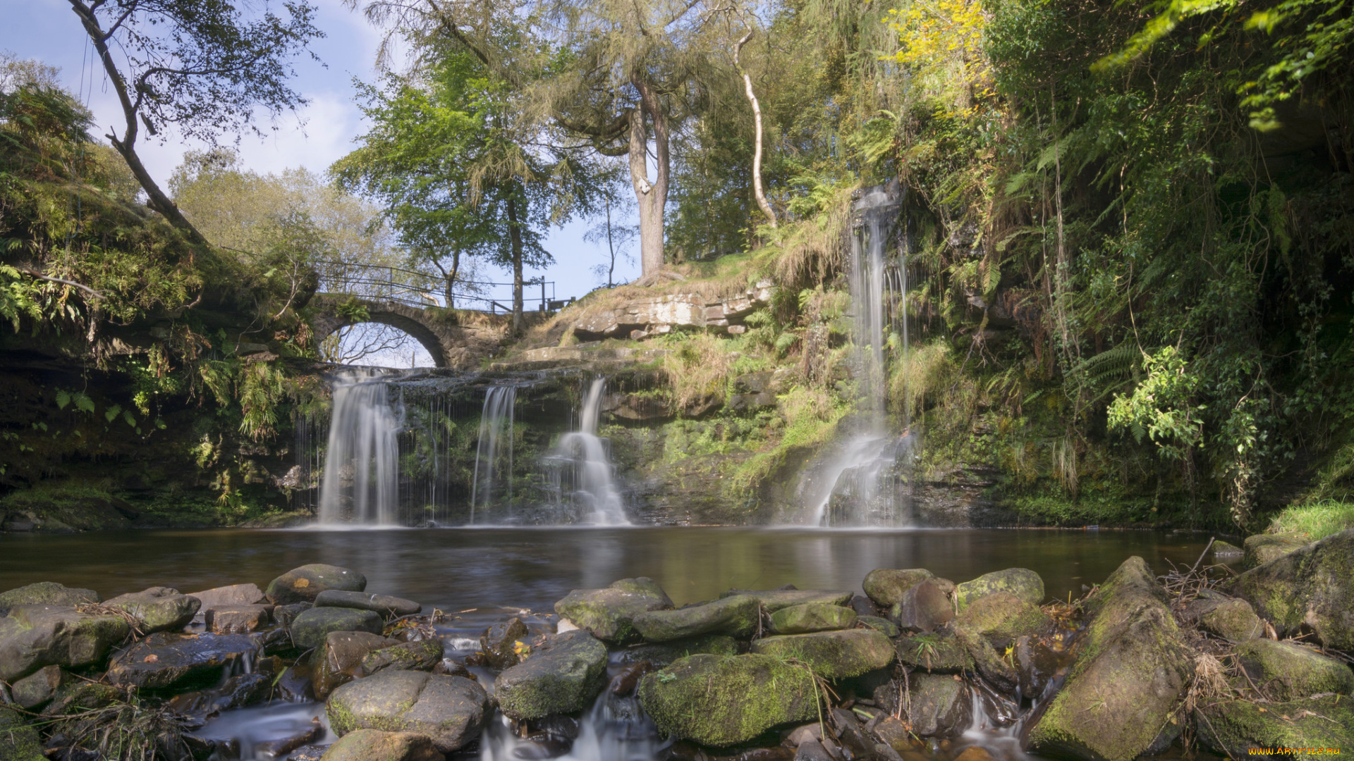 природа, водопады, деревья, лес, потоки, мост, водопад, камни, вода