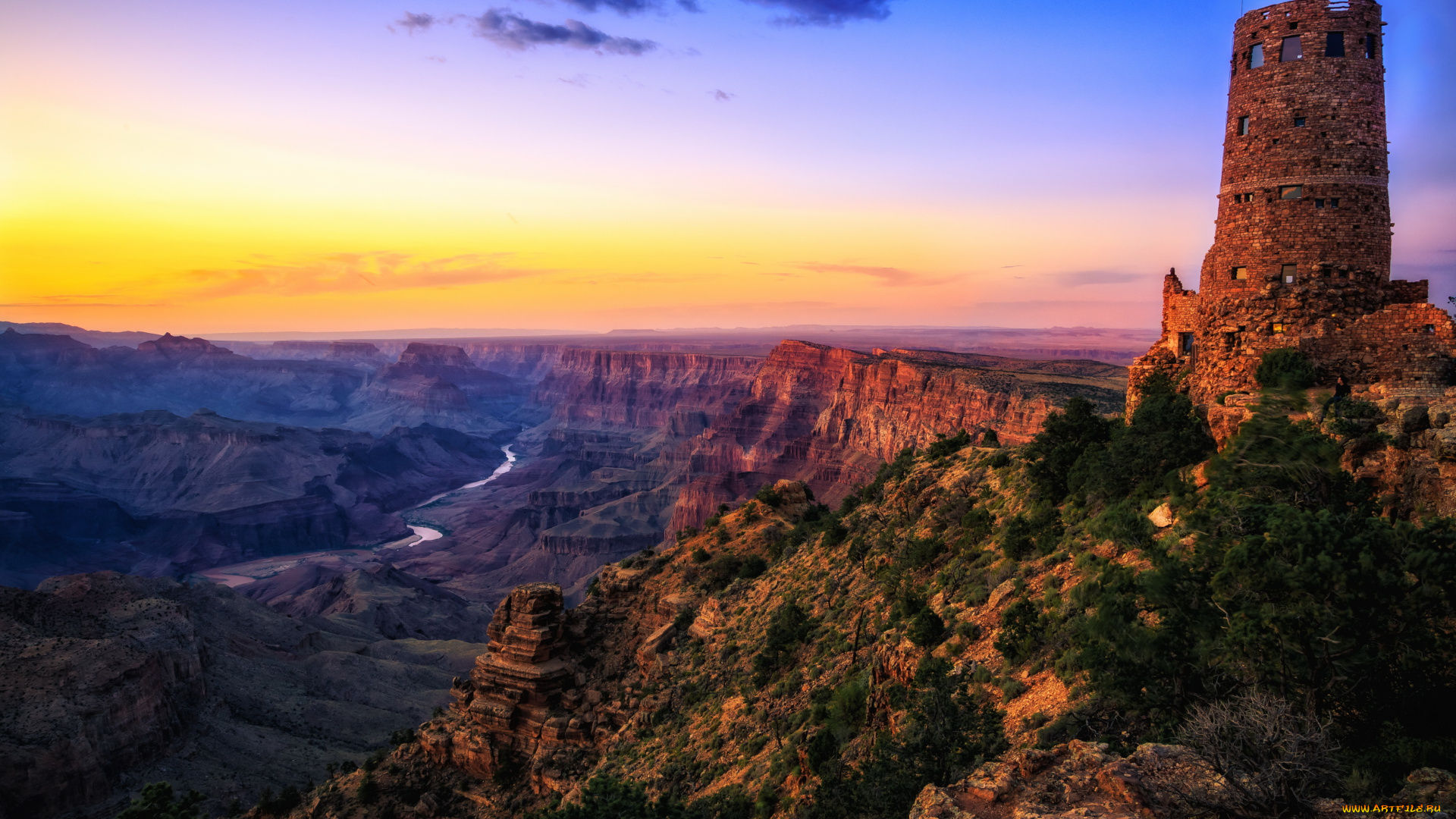 разное, -, другое, сумерки, сторожевая, башня, река, колорадо, пустыня, аризона, сша, национальный, парк, гранд-каньон