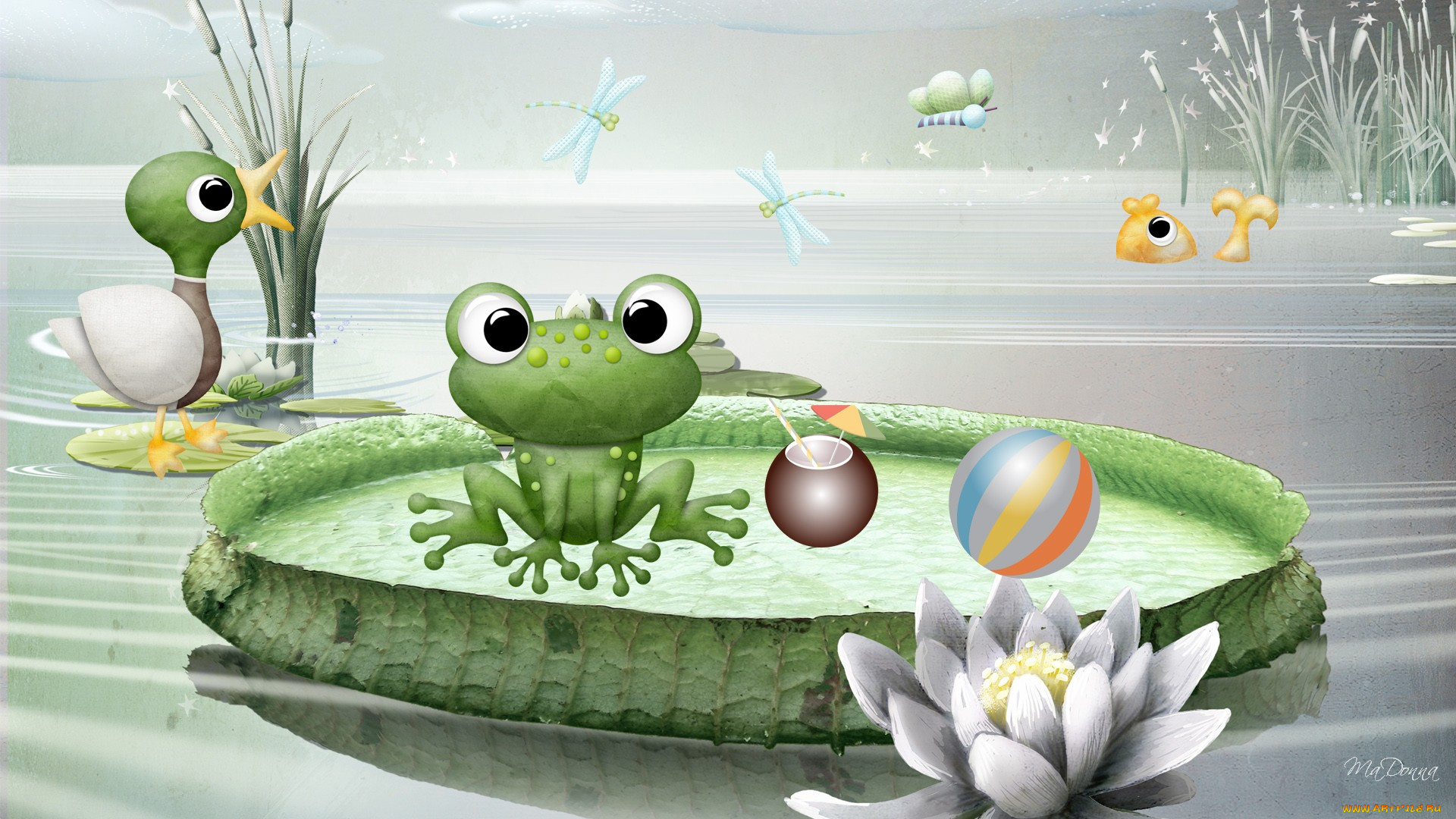 разное, компьютерный, дизайн, лотос, водоем, лягушка