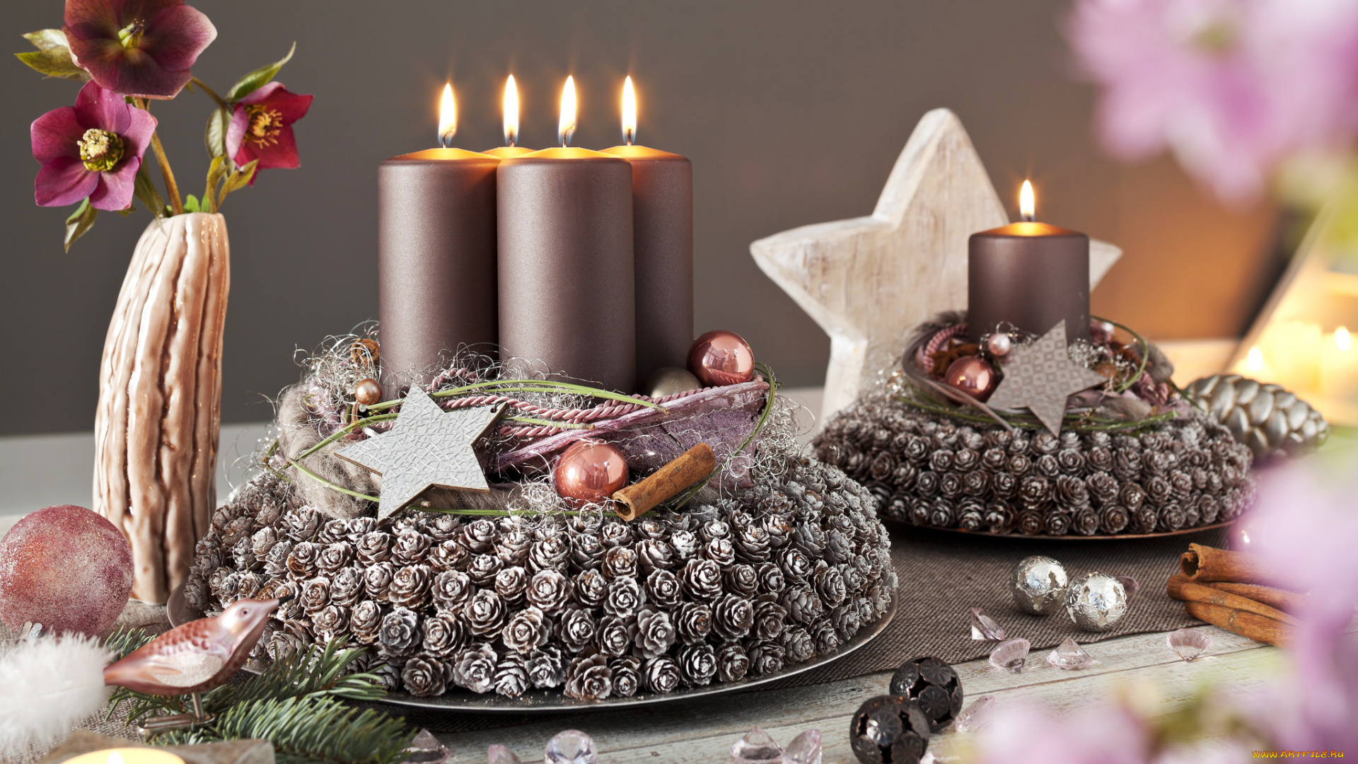 разное, свечи, шарики, шишки, цветы, ваза