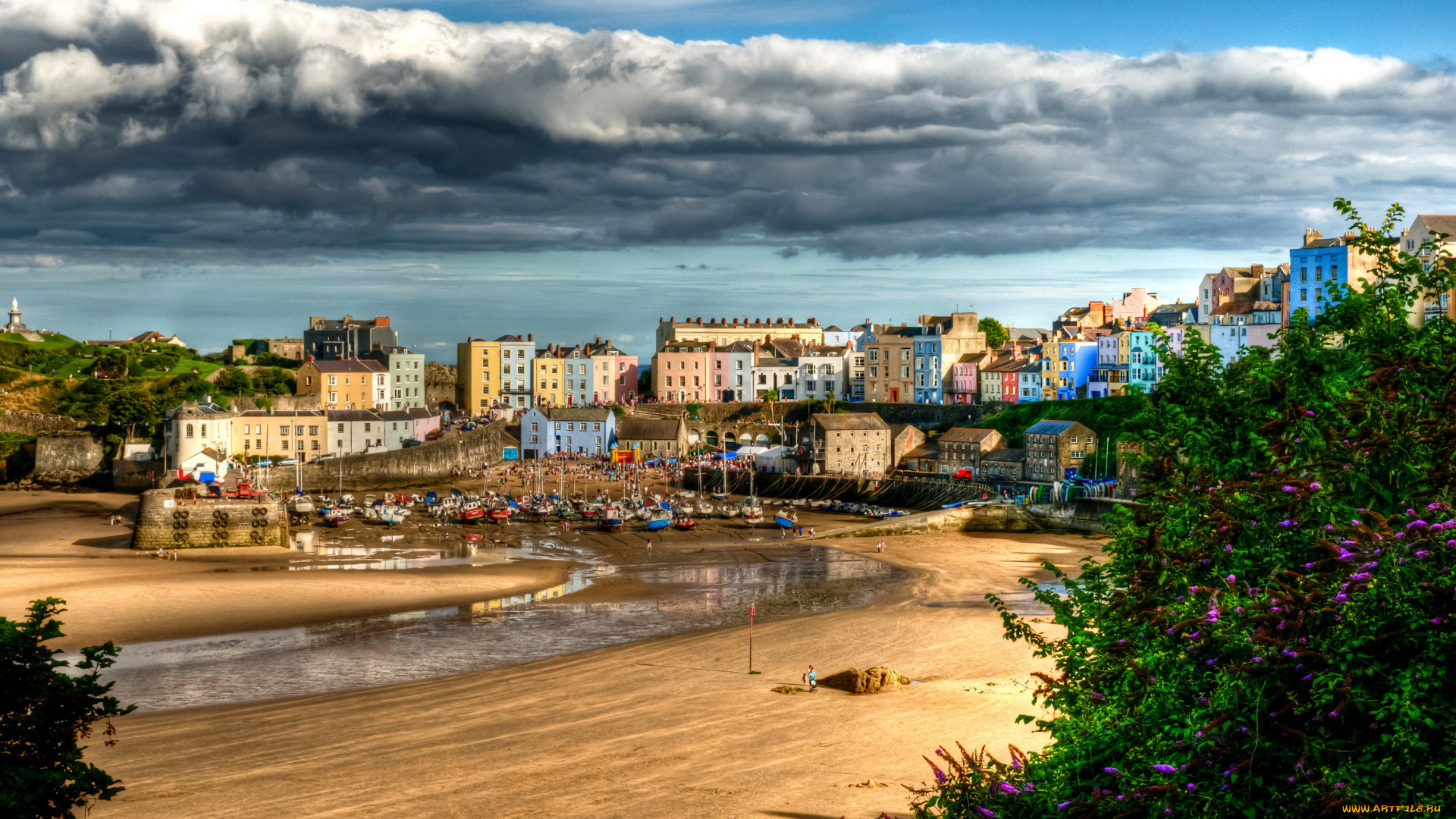 tenby, wales, великобритания, города, -, улицы, , площади, , набережные, tenby, wales, великобритания, дома, река, небо, облака