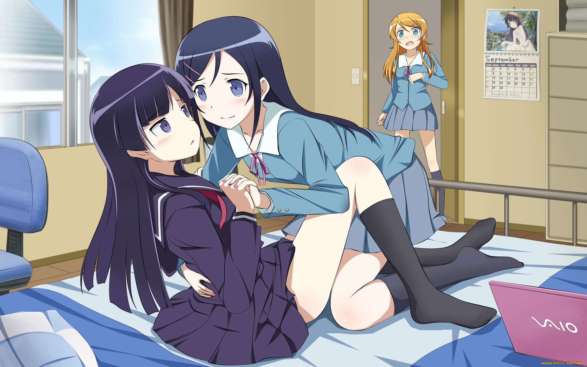 аниме, oreimo, gokou, ruri, kousaka, kirino, aragaki, ayase, ноутбук, кровать, комната, девушки