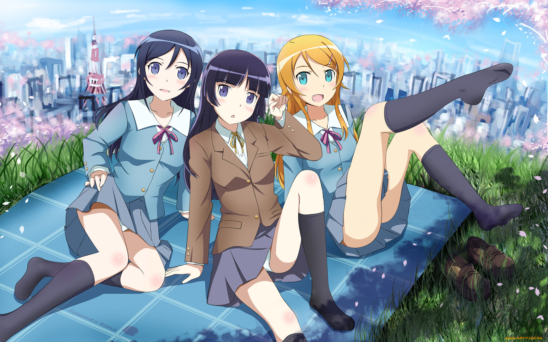 аниме, oreimo, kousaka, kirino, gokou, ruri, aragaki, ayase, девушки, брюнетки, блондинка, обувь, скатерть, трава, цветы, город