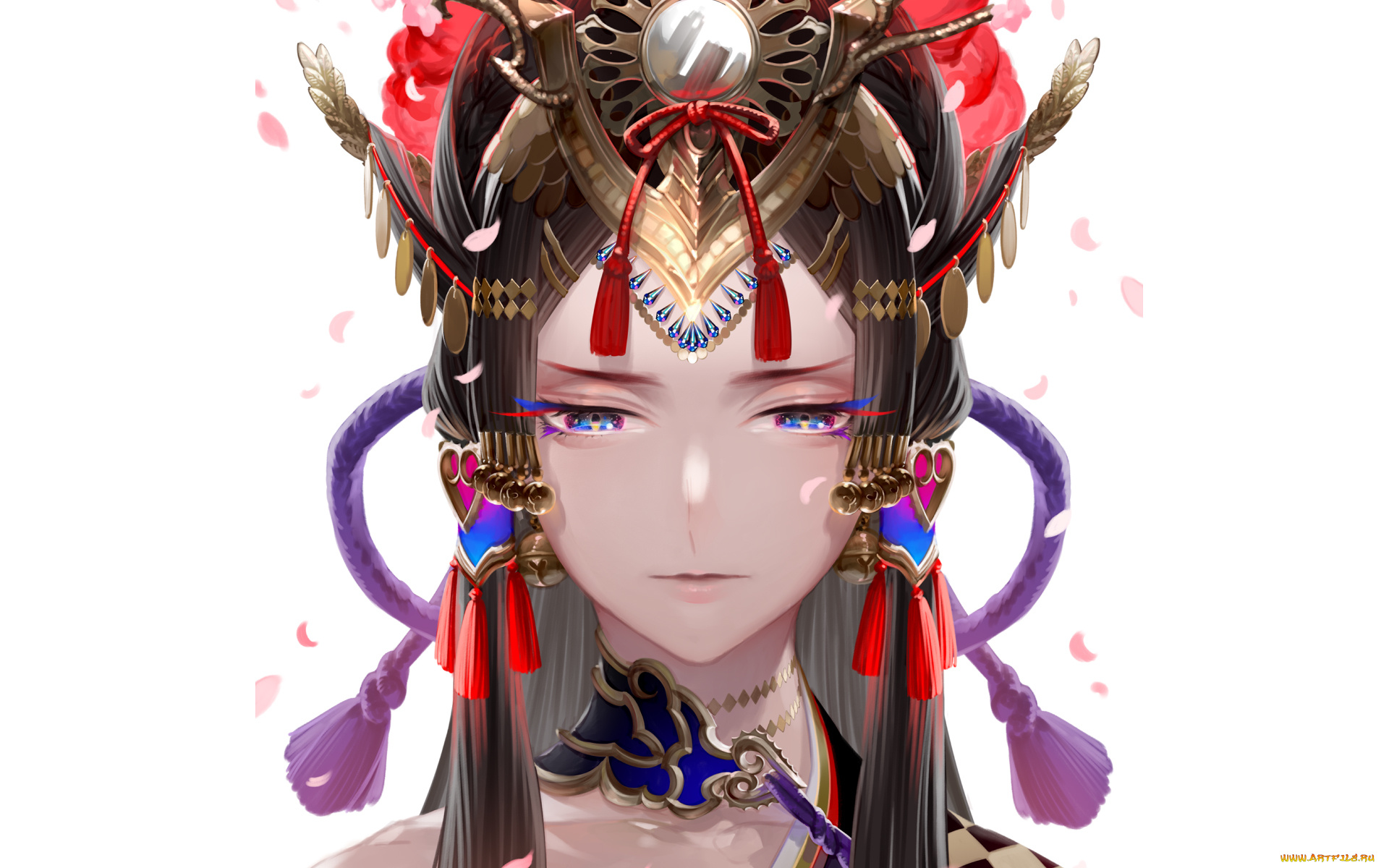 аниме, *unknown, , другое, белый, фон, украшения, девушка, лепестки