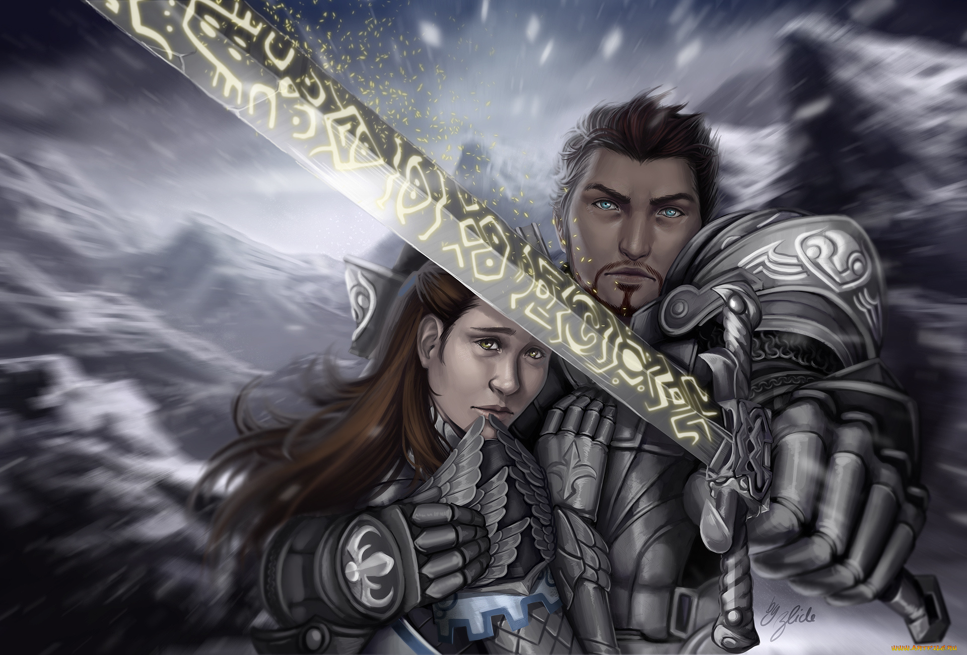 фэнтези, люди, мужчина, меч, девушка