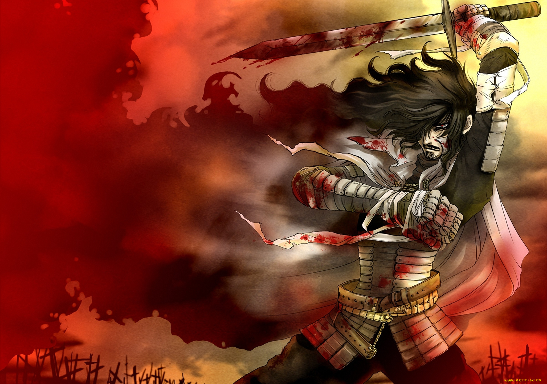 аниме, hellsing, кладбище, кровь, меч, вампир, дракула, dracula, vampire, alucard