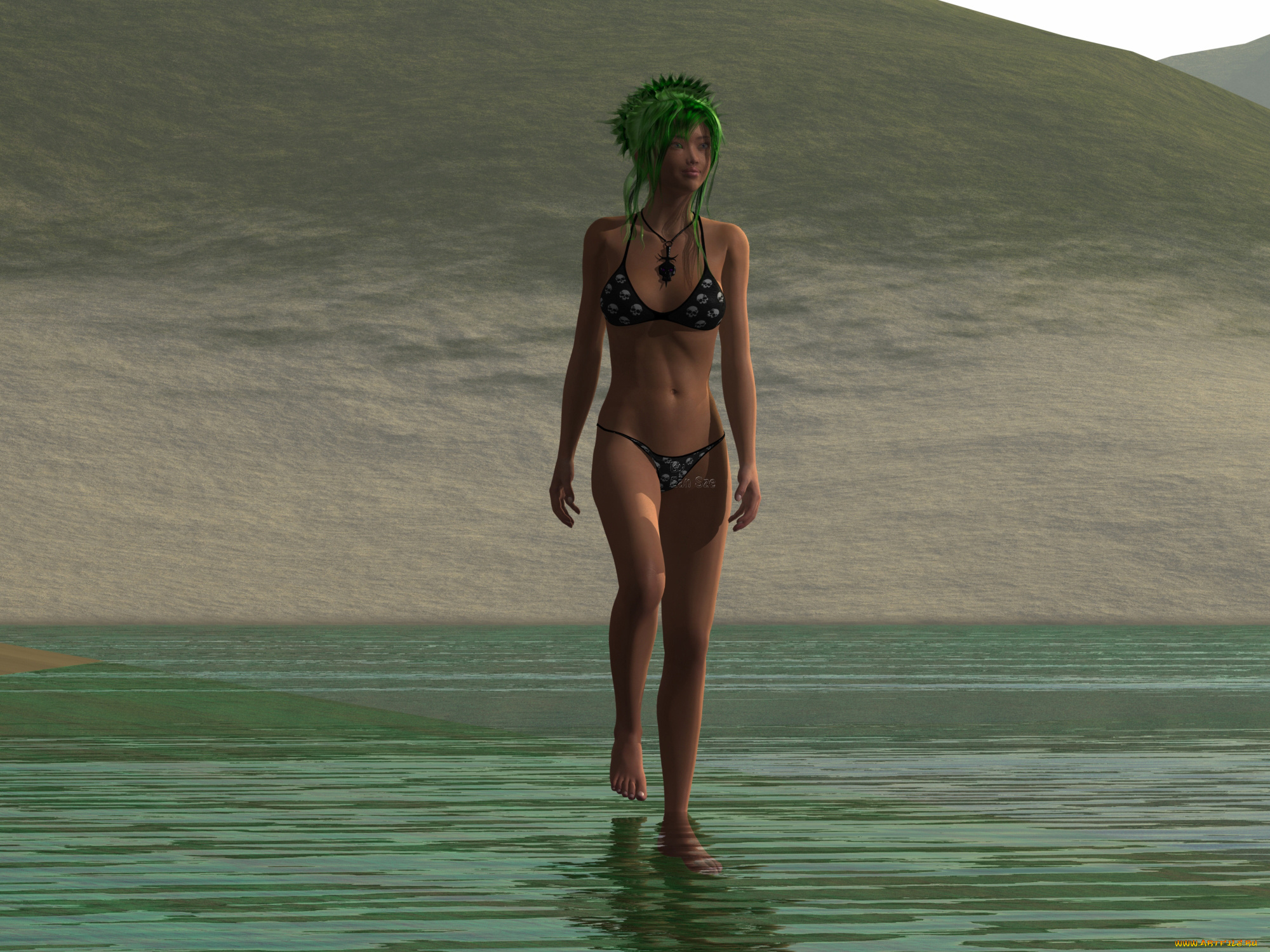 3д, графика, люди, , people, девушка, взгляд, фон, море, купальник