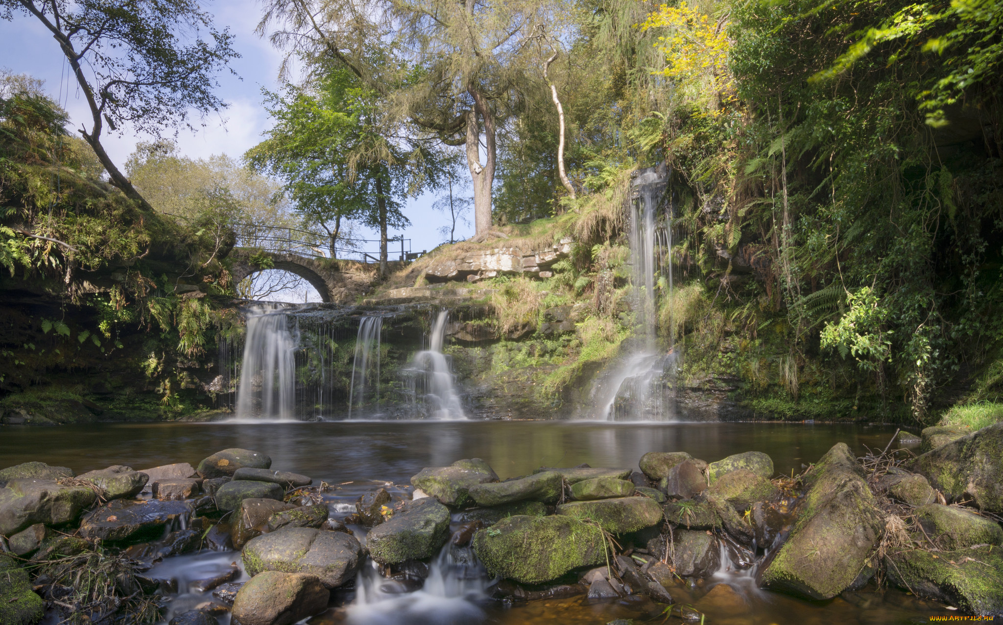 природа, водопады, деревья, лес, потоки, мост, водопад, камни, вода