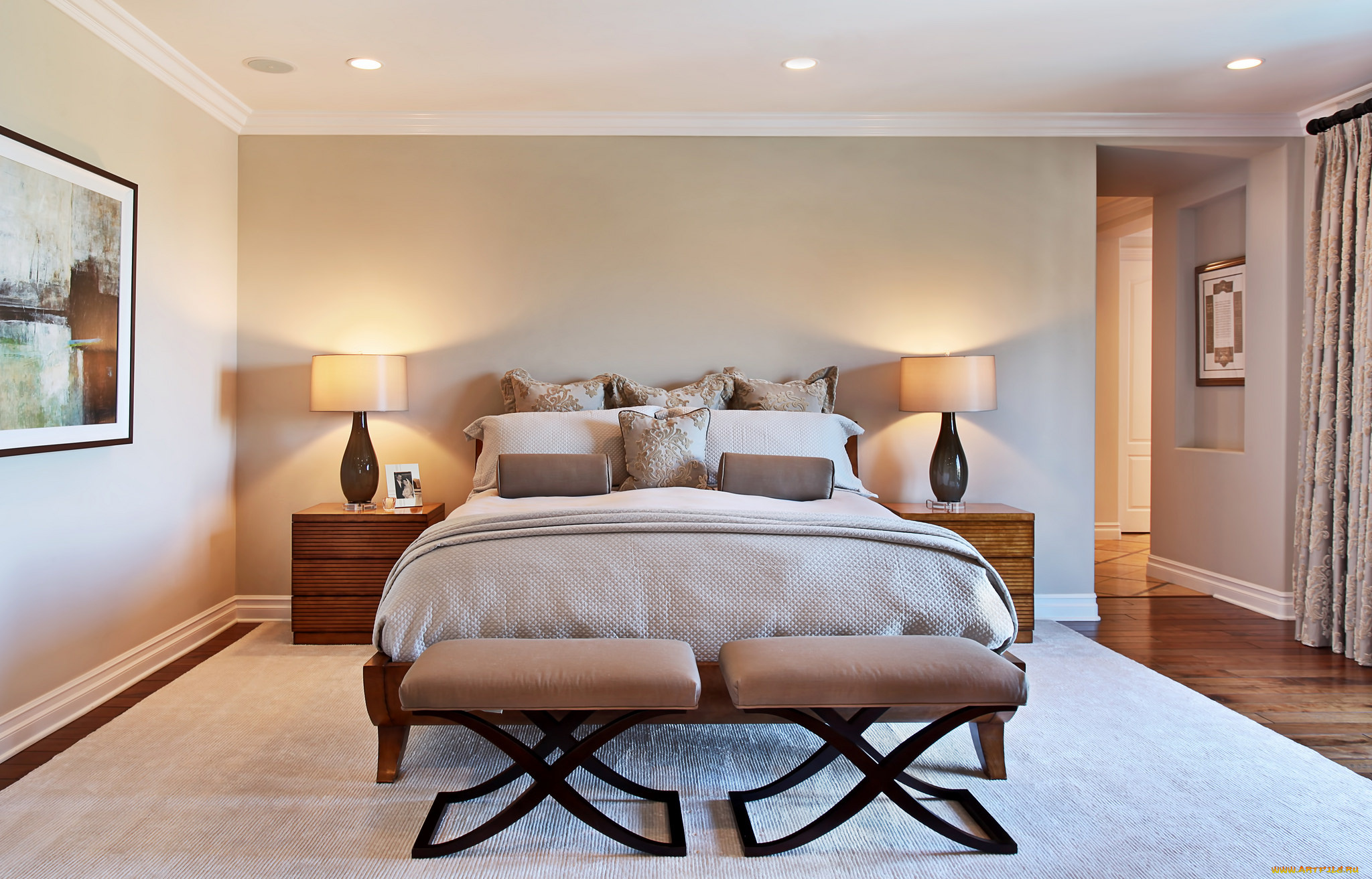 интерьер, спальня, стиль, светильник, люстра, подушки