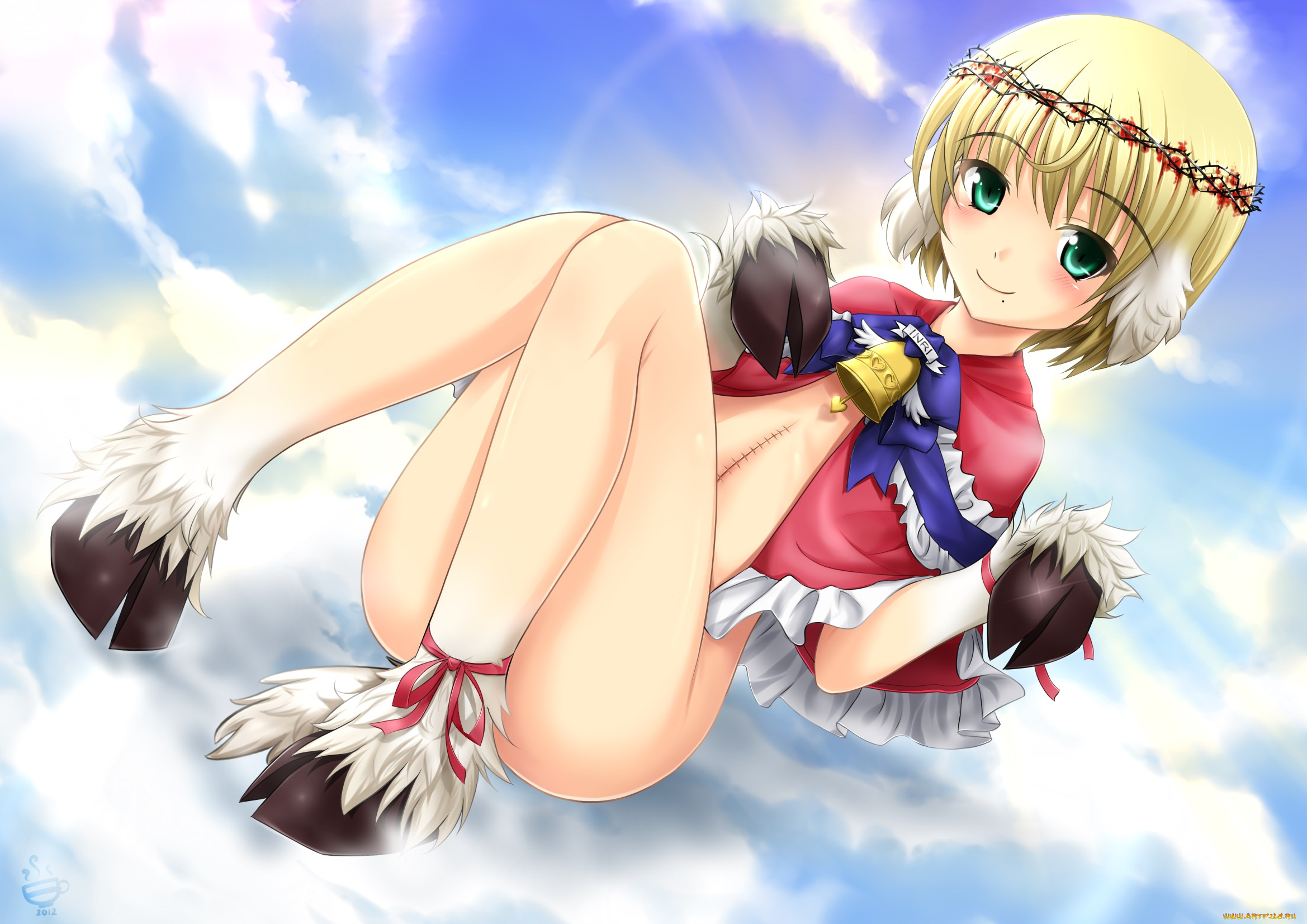 аниме, -animals, &, creatures, колокольчик, девушка, облака, небо, ушки, копыта