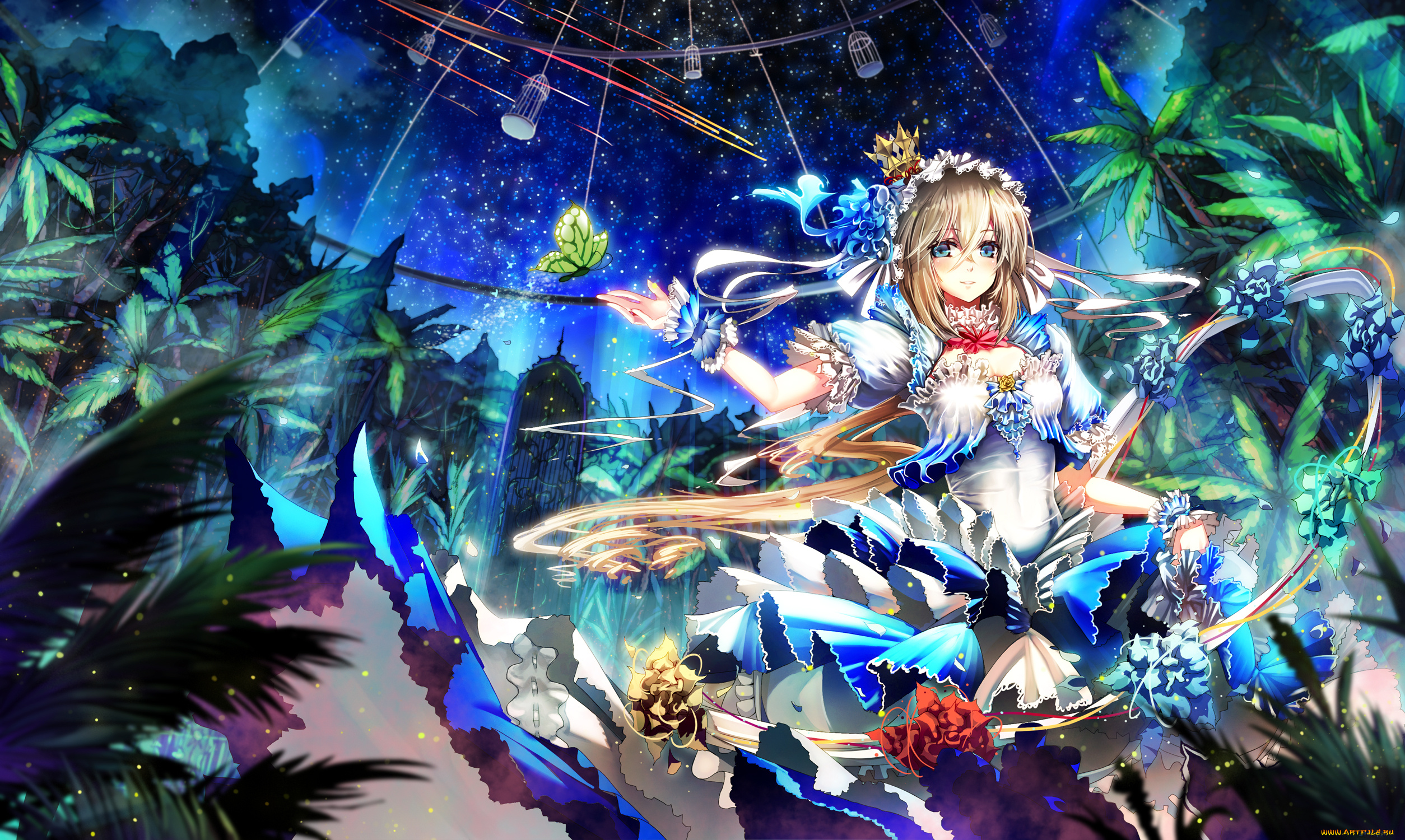 аниме, *unknown, , другое, арт, девушка, бабочка, клетки, пальмы, цветы, звёзды, небо, ночь