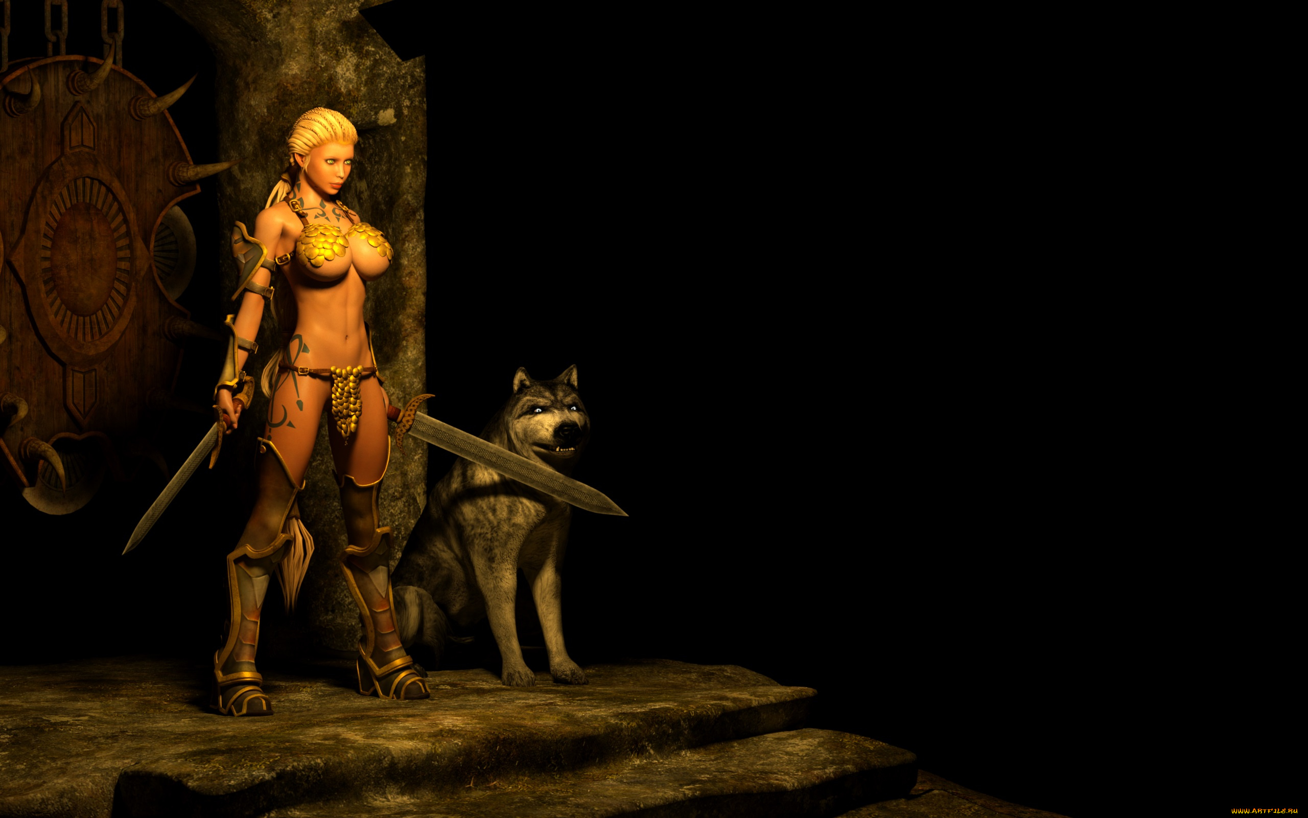 3д, графика, амазонки, , amazon, собака, фон, оружие, взгляд, девушка