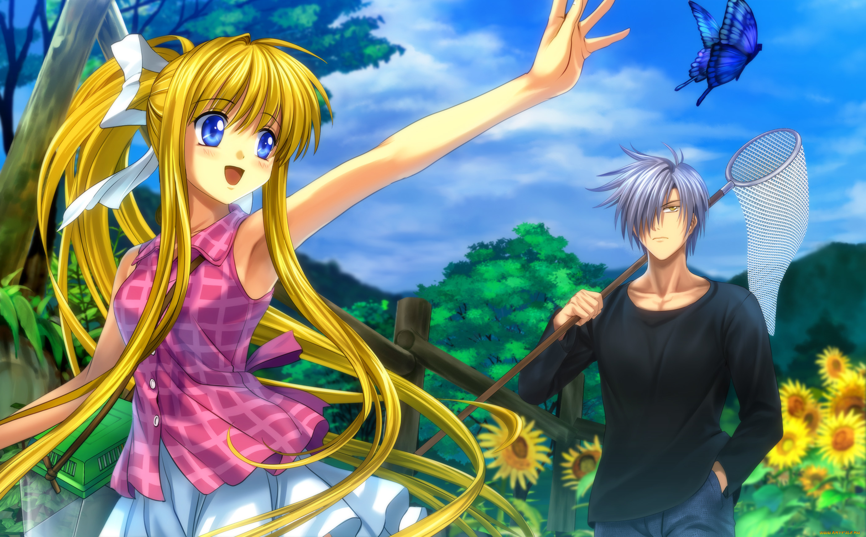 аниме, air, арт, moonknives, kamio, misuzu, kunisaki, yukito, девушка, парень, радость, сачок, бабочка, подсолнухи, природа