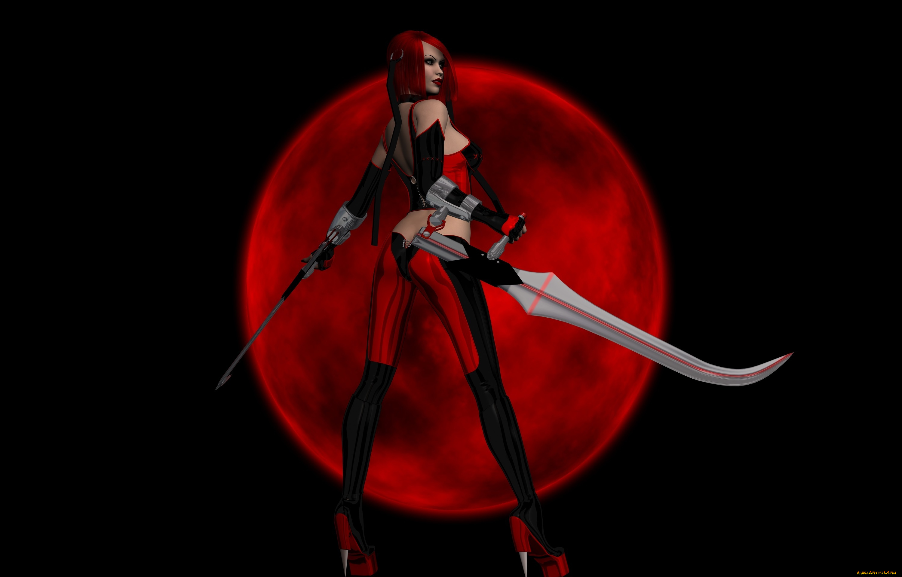 3д, графика, люди, , people, bloodrayne, рендеринг, игра, костюм, профиль, оружие, фон