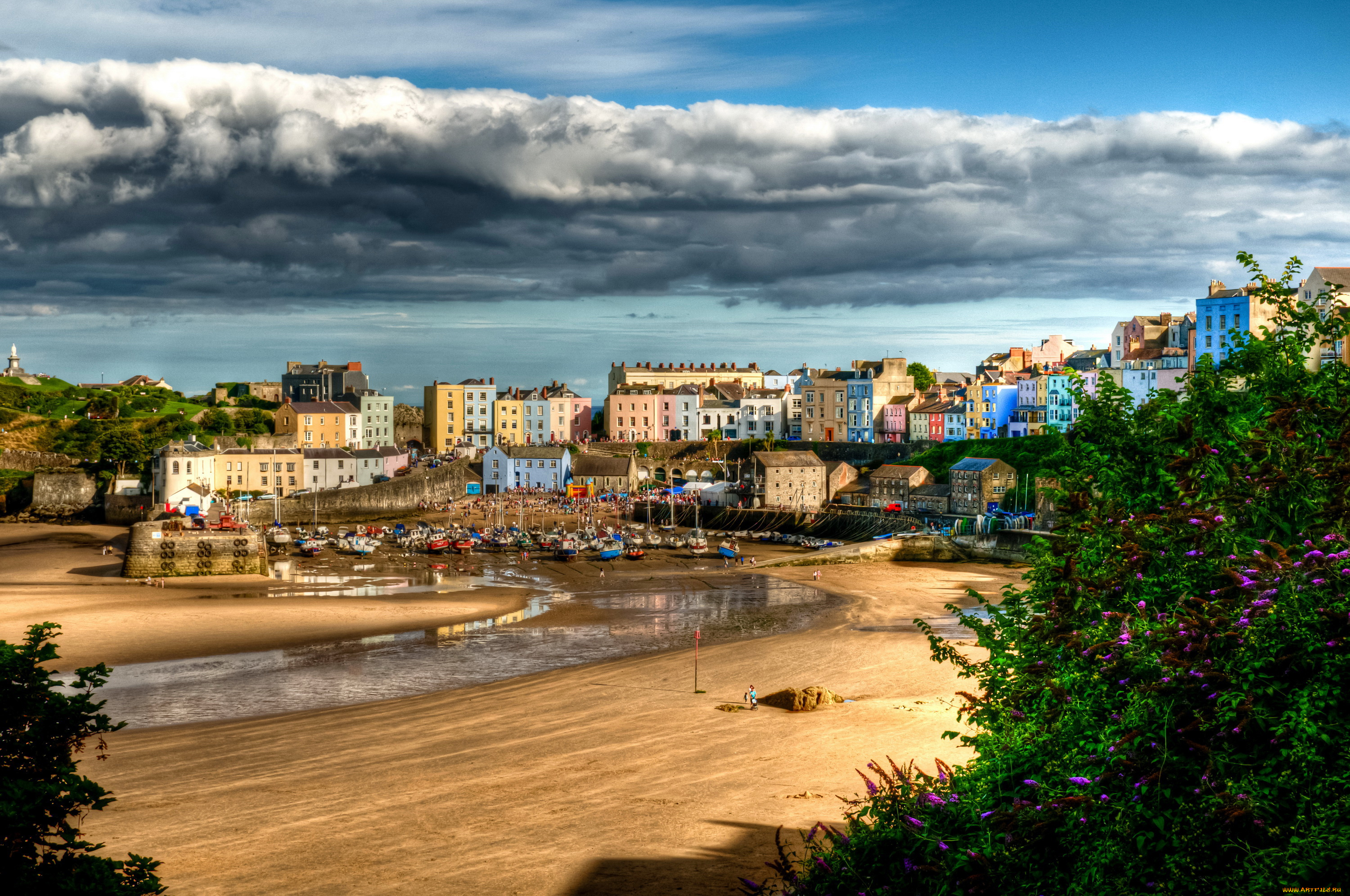 tenby, wales, великобритания, города, -, улицы, , площади, , набережные, tenby, wales, великобритания, дома, река, небо, облака