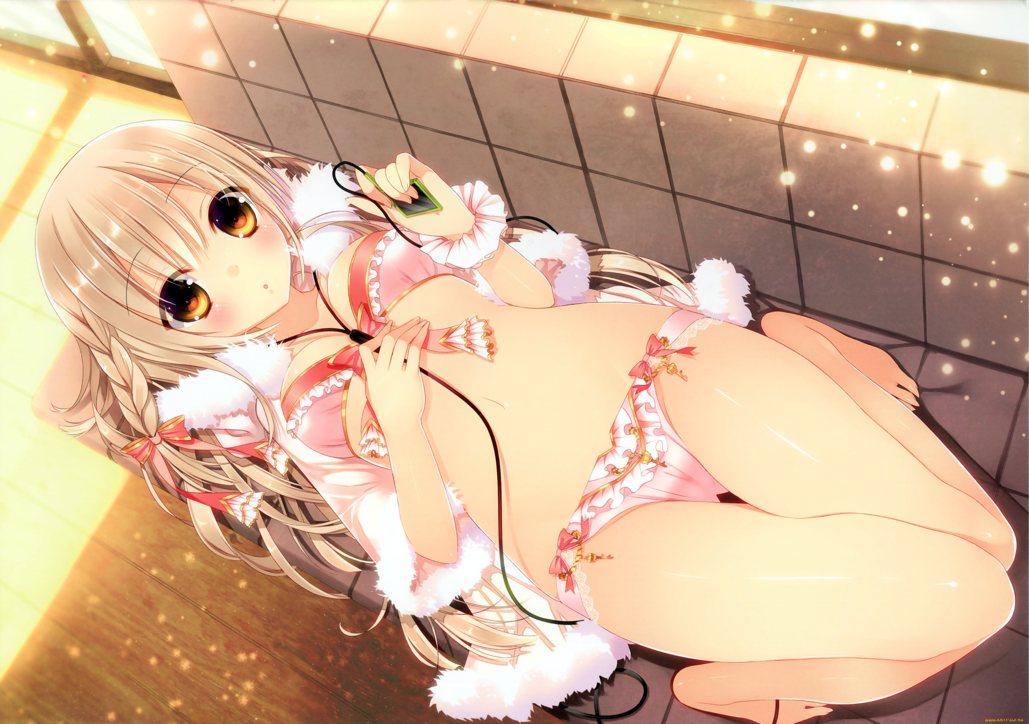 аниме, -headphones, &, instrumental, удивление, взгляд, наушники, блондинка, плеер, девушка, нижнее, белье