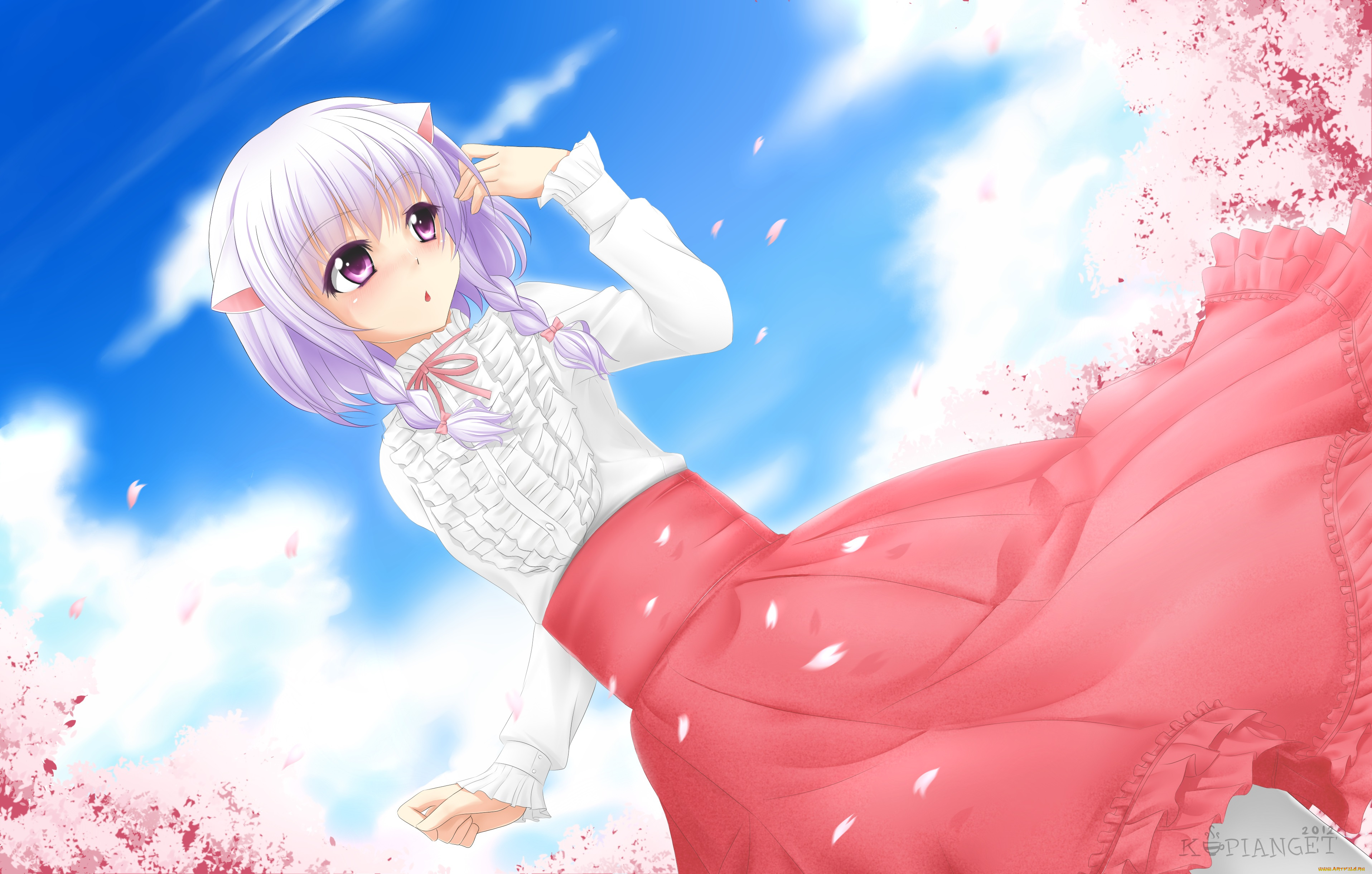 аниме, -animals, &, creatures, сакура, лепестки, ушки, юбка, взгляд, девушка