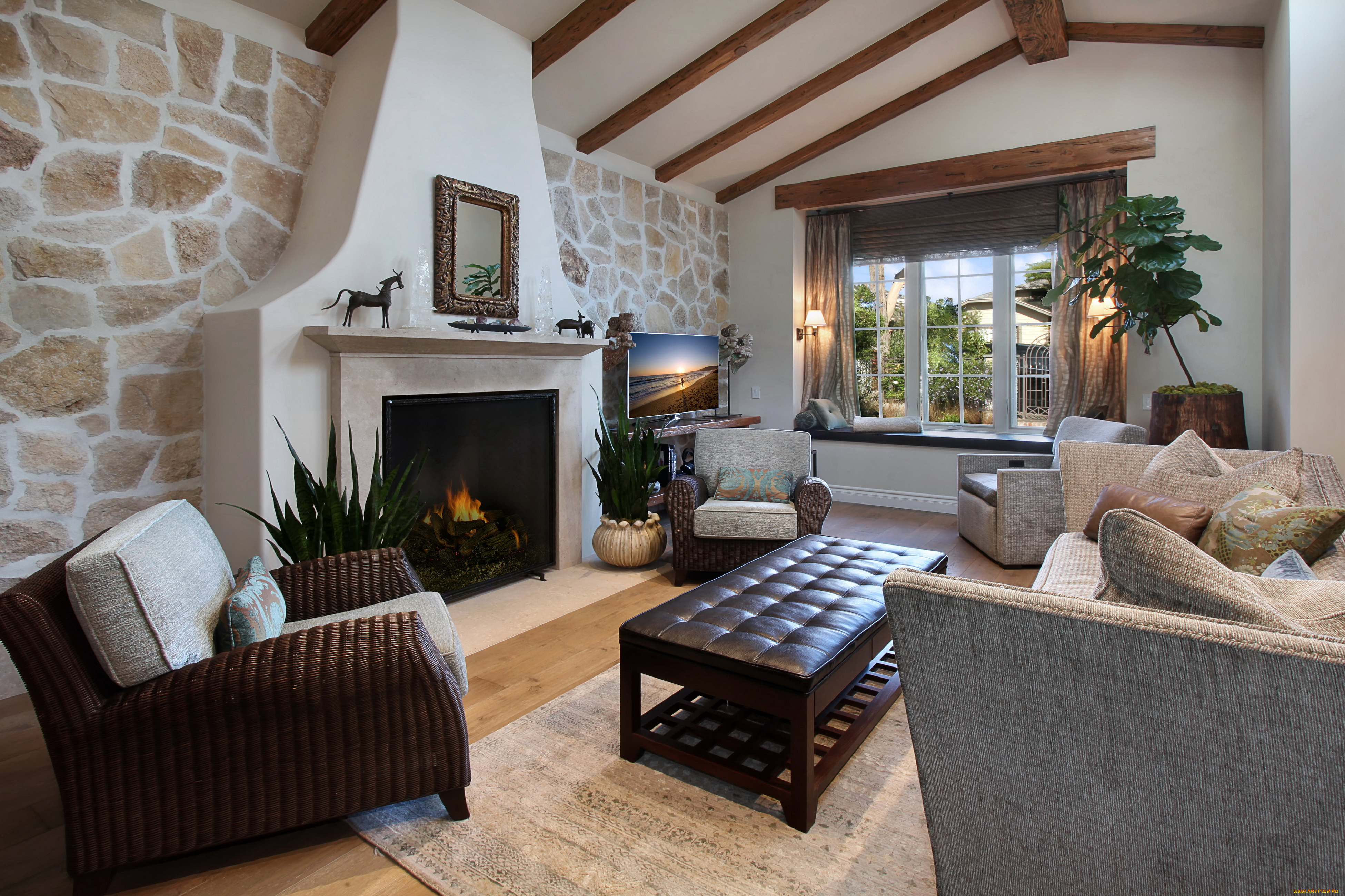 интерьер, гостиная, камин, диван, кресло, стол