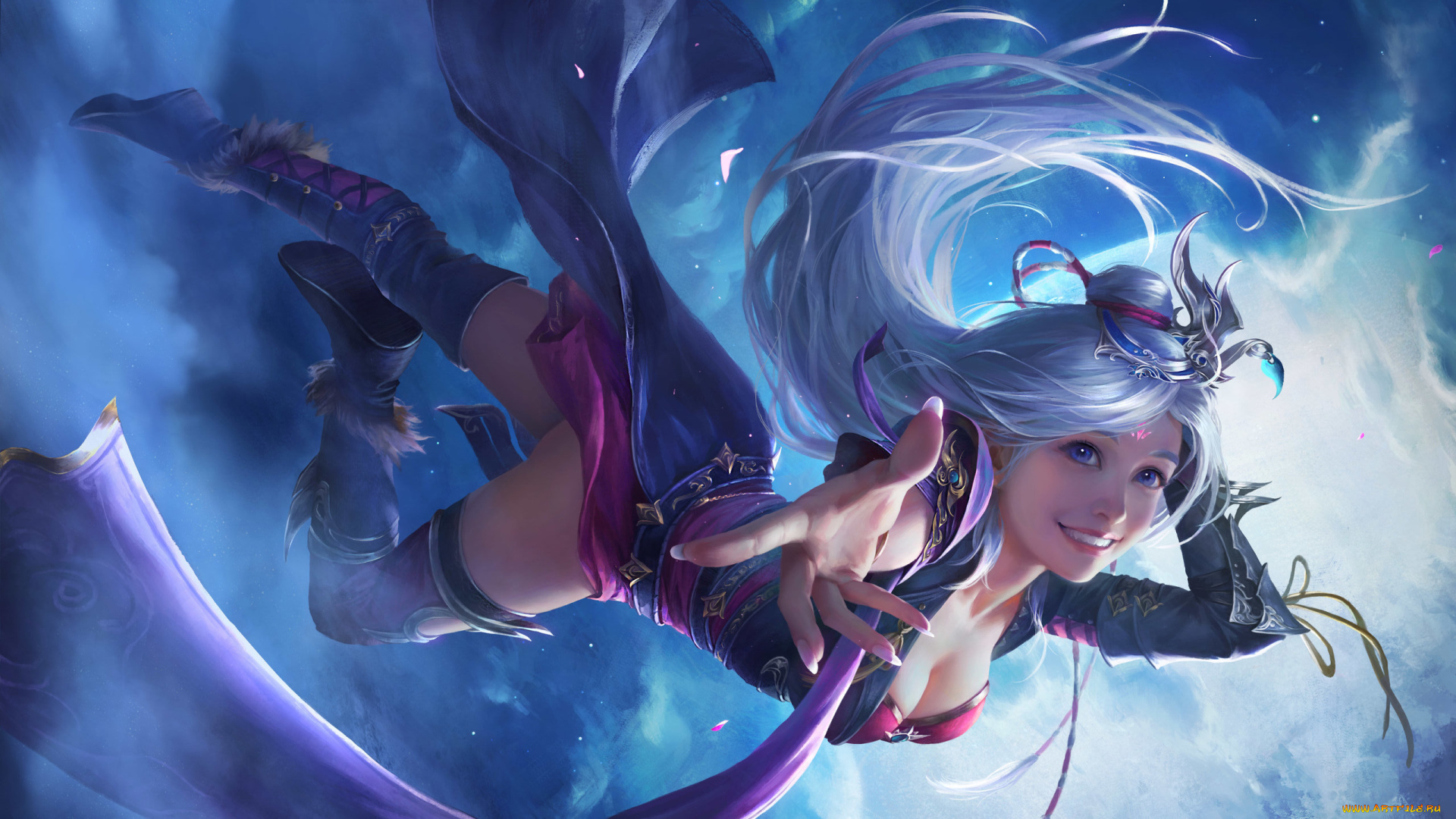 фэнтези, девушки, ночь, облака, арт, эротика, небо, улыбка, девушка