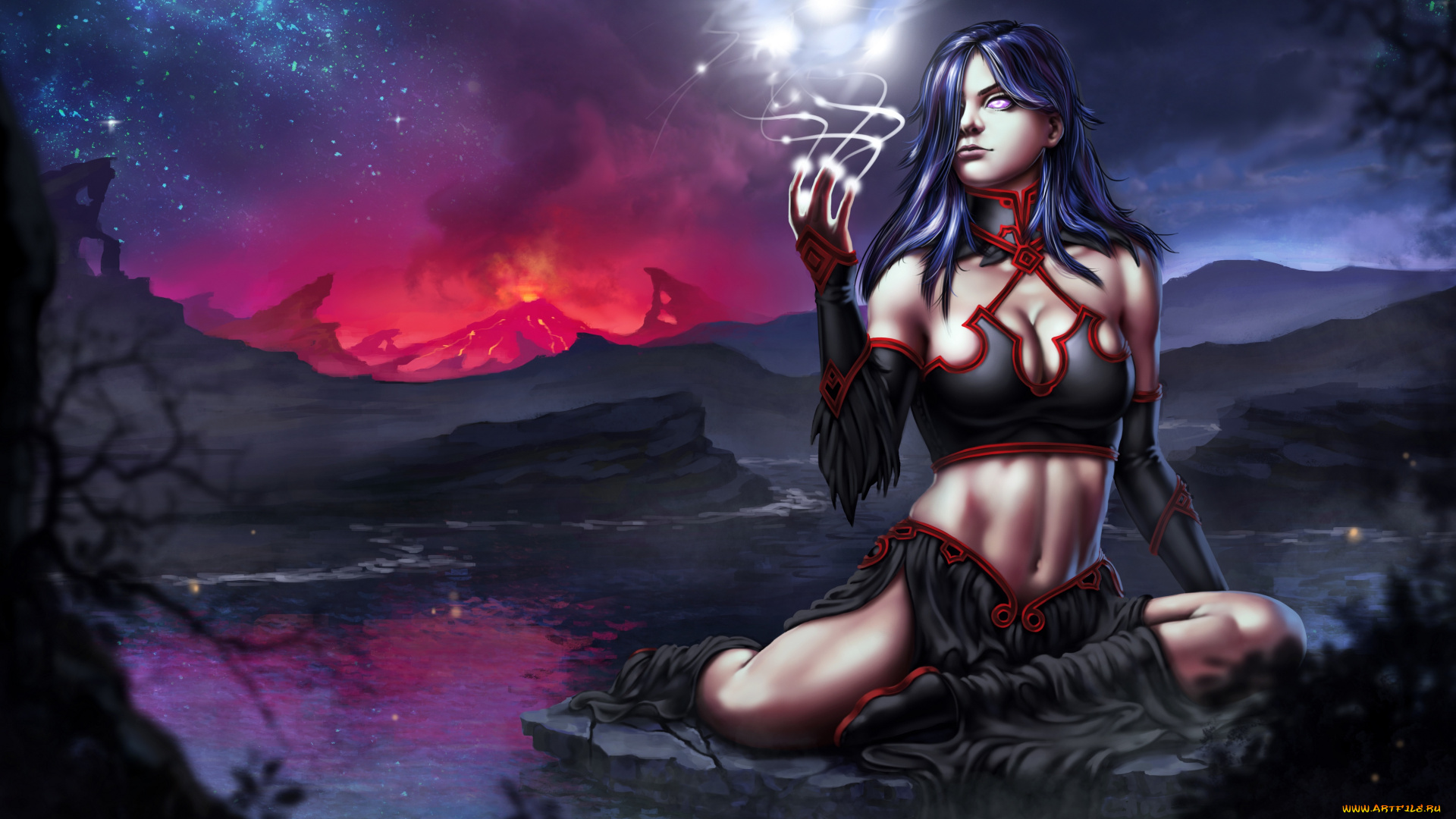 фэнтези, девушки, вулкан, вода, магия, девушка, звезды, ночь