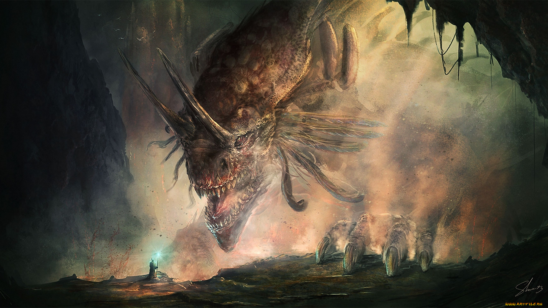 фэнтези, драконы, скалы, магия, посох, человек, гигантский, дракон, арт
