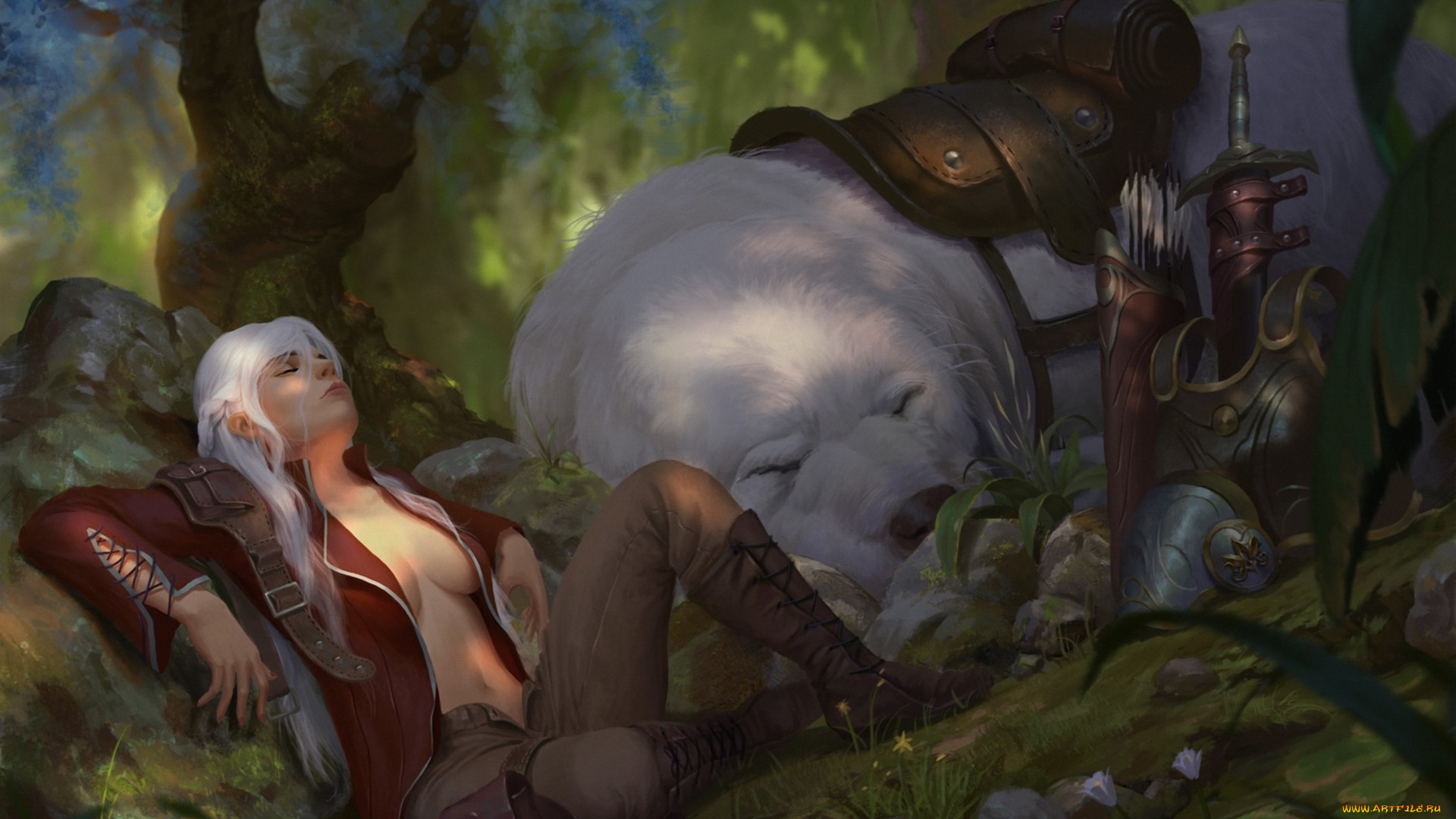 фэнтези, красавицы, и, чудовища, арт, собака, оружие, фетези, камень, доспех, колчан, девушка, меч, грудь, отдых, зверь