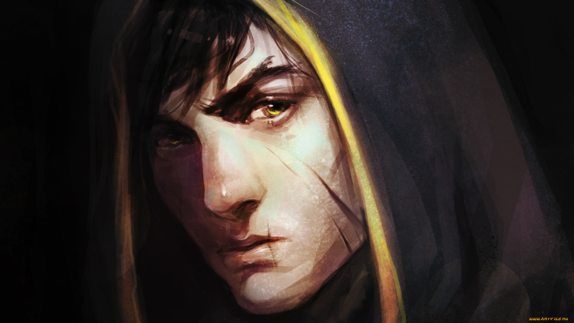 фэнтези, люди, арт, парень, капюшон, взгляд