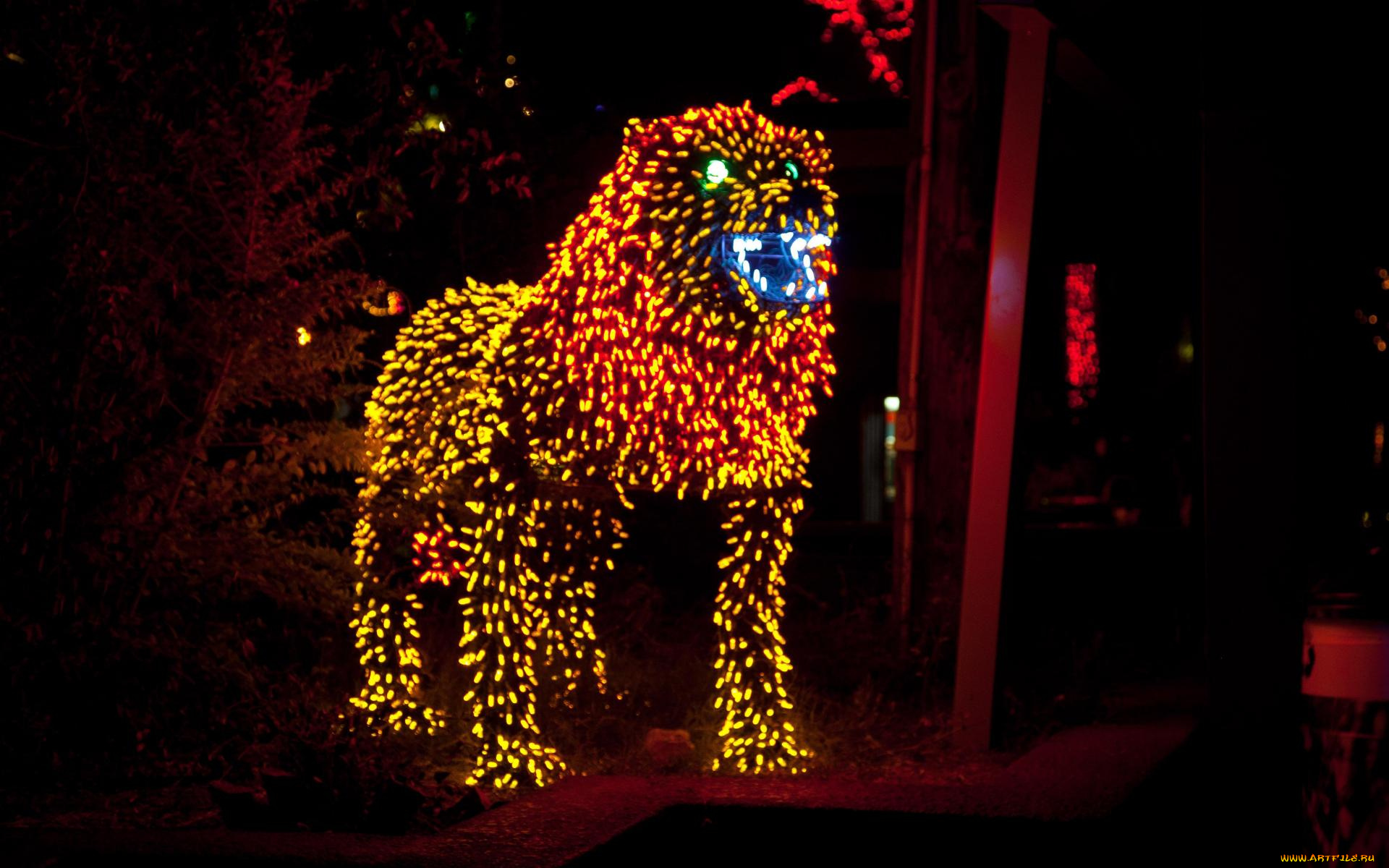 разное, иллюминация, деревья, улица, свет, зверь, лев, ночь